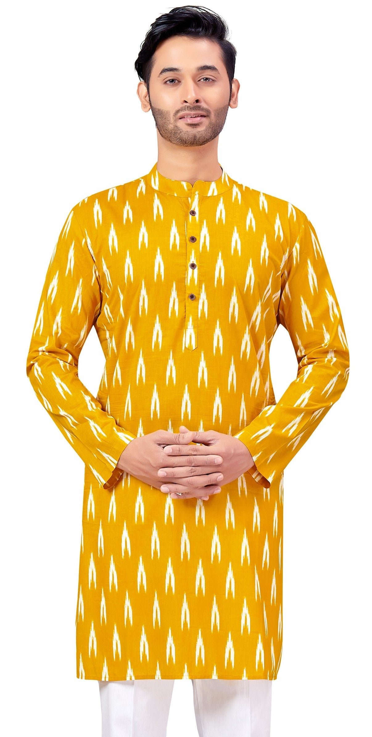 Men's Yellow Ikkat Printed Cotton Kurta (Design 174)