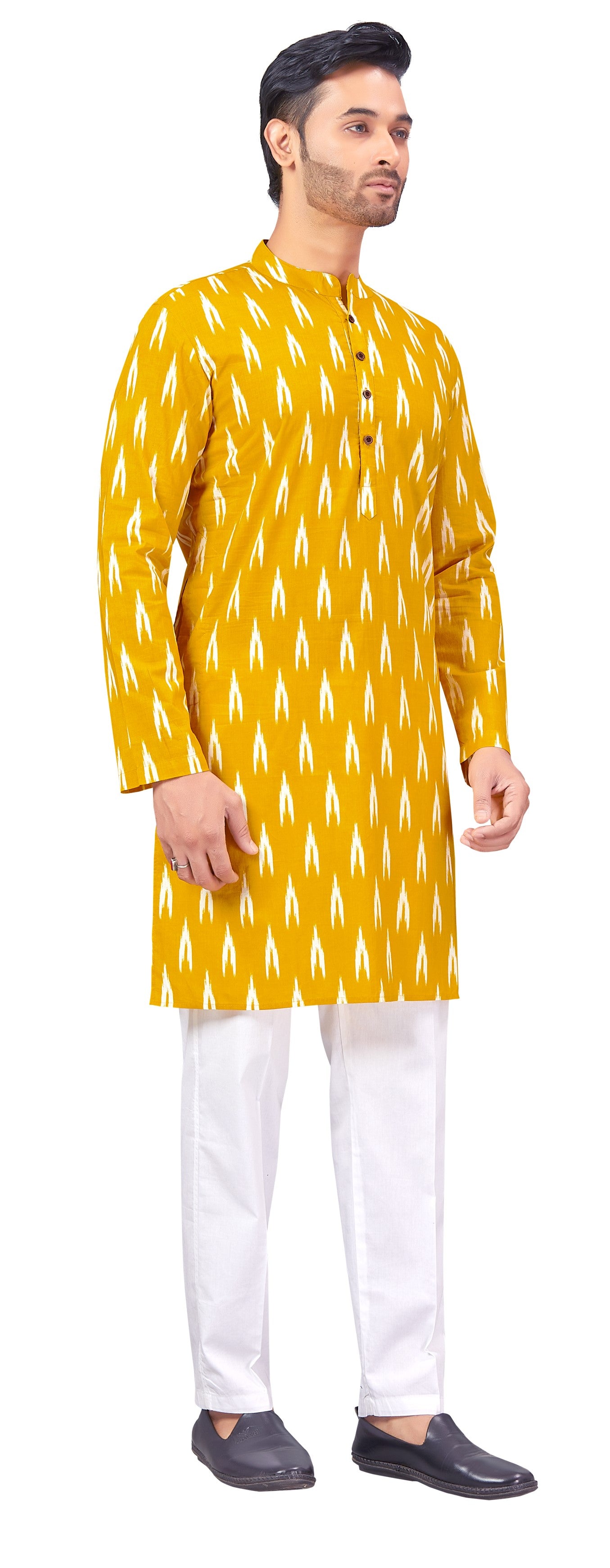 Men's Yellow Ikkat Printed Cotton Kurta (Design 174)