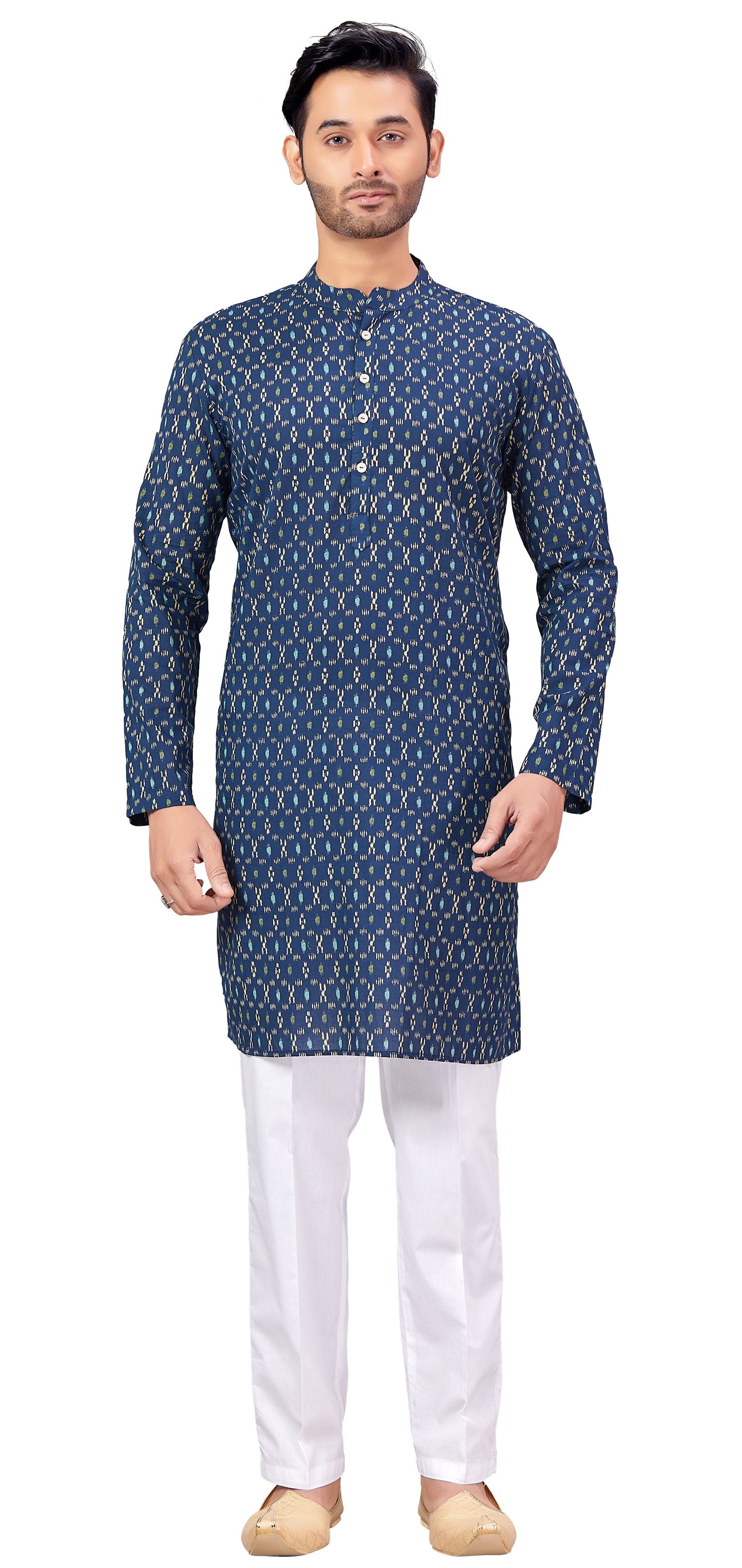 Men's Navy Blue Ikkat Printed Cotton Kurta (Design 176)