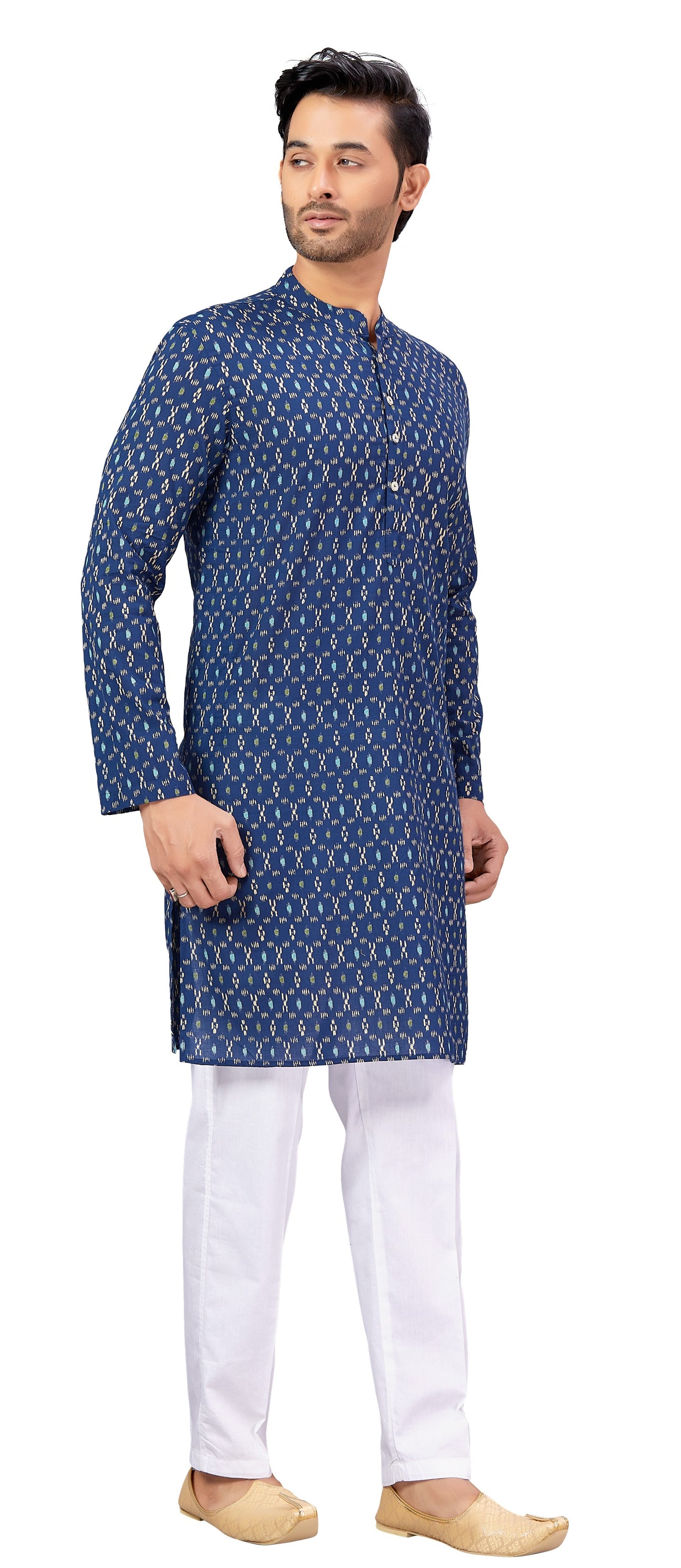 Men's Navy Blue Ikkat Printed Cotton Kurta (Design 176)