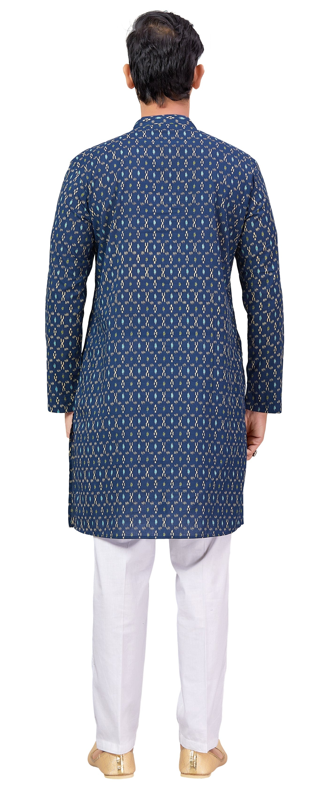 Men's Navy Blue Ikkat Printed Cotton Kurta (Design 176)