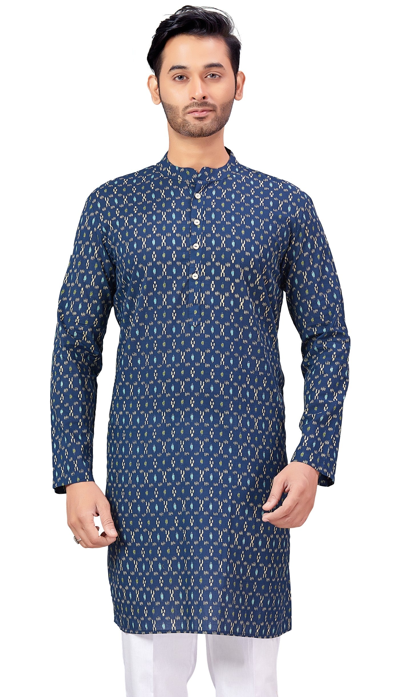 Men's Navy Blue Ikkat Printed Cotton Kurta (Design 176)