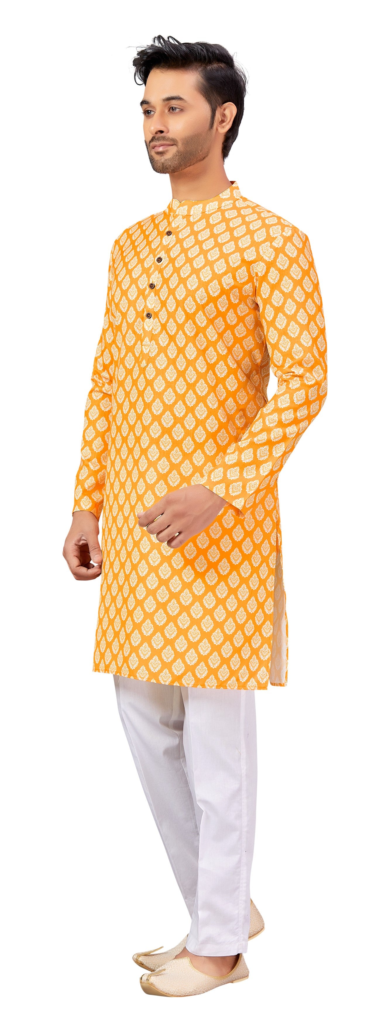 Men's Yellow Printed Cotton Kurta (Design 177)