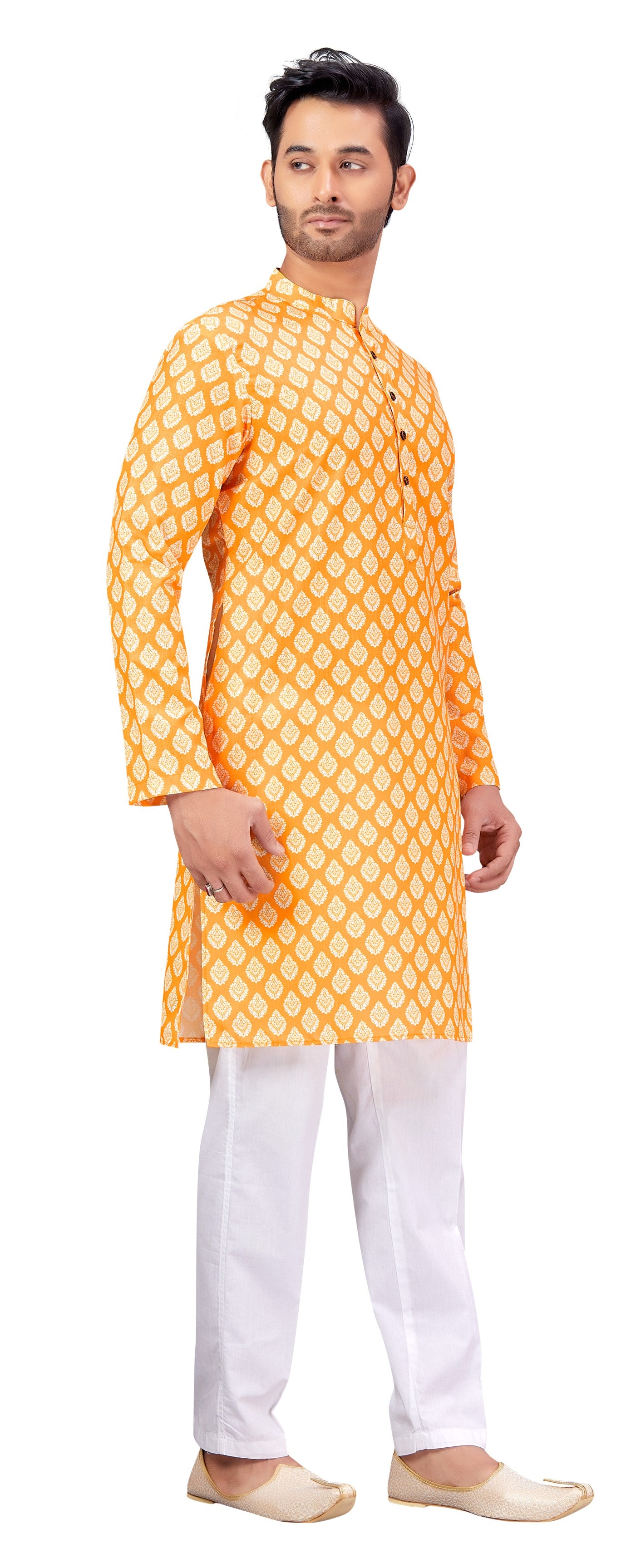 Men's Yellow Printed Cotton Kurta (Design 177)