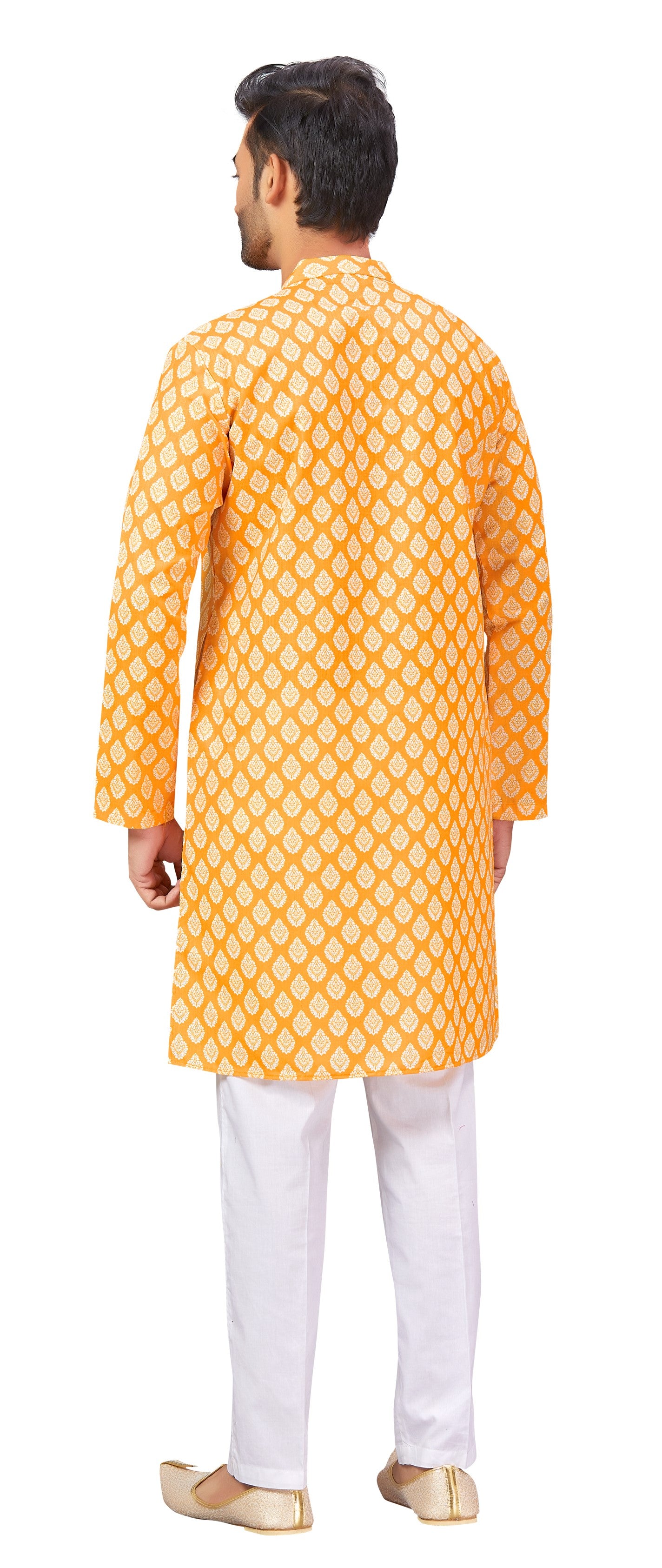 Men's Yellow Printed Cotton Kurta (Design 177)