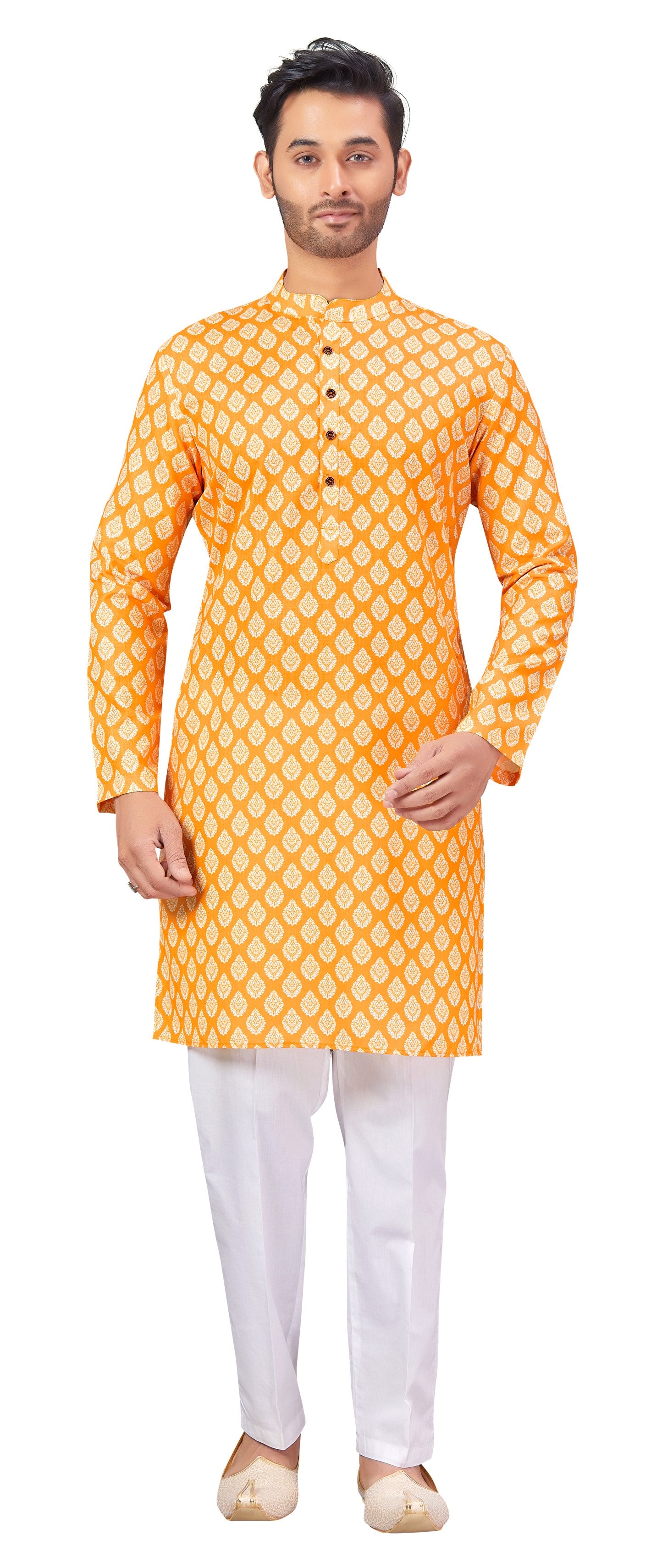 Men's Yellow Printed Cotton Kurta (Design 177)