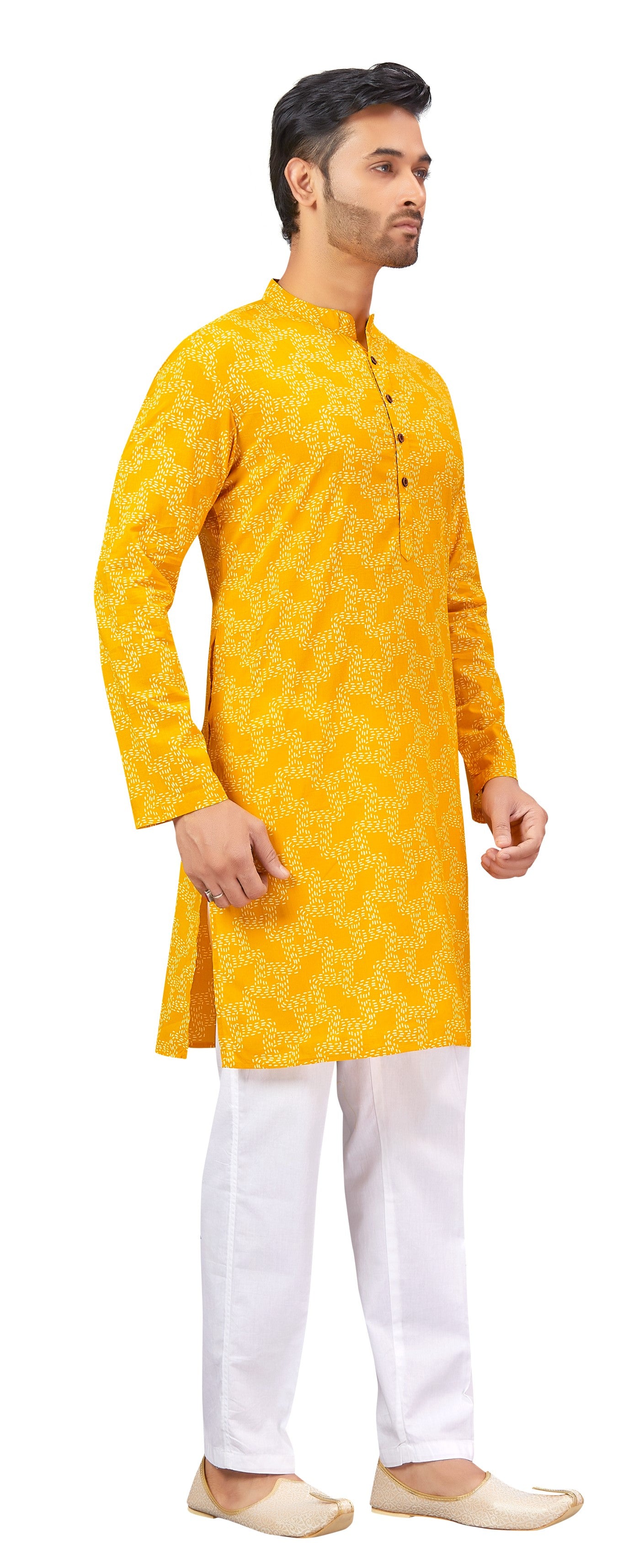 Men's Yellow Printed Cotton Kurta (Design 178)