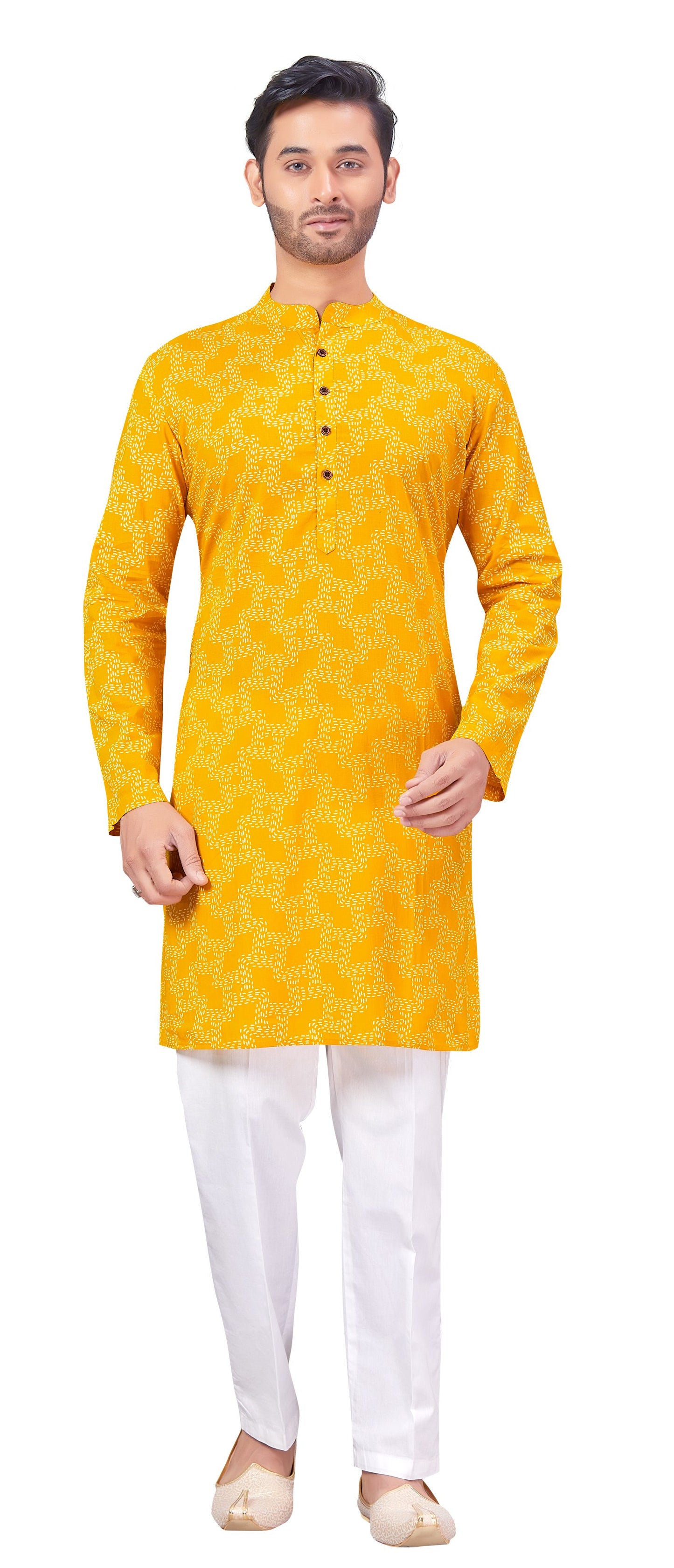 Men's Yellow Printed Cotton Kurta (Design 178)