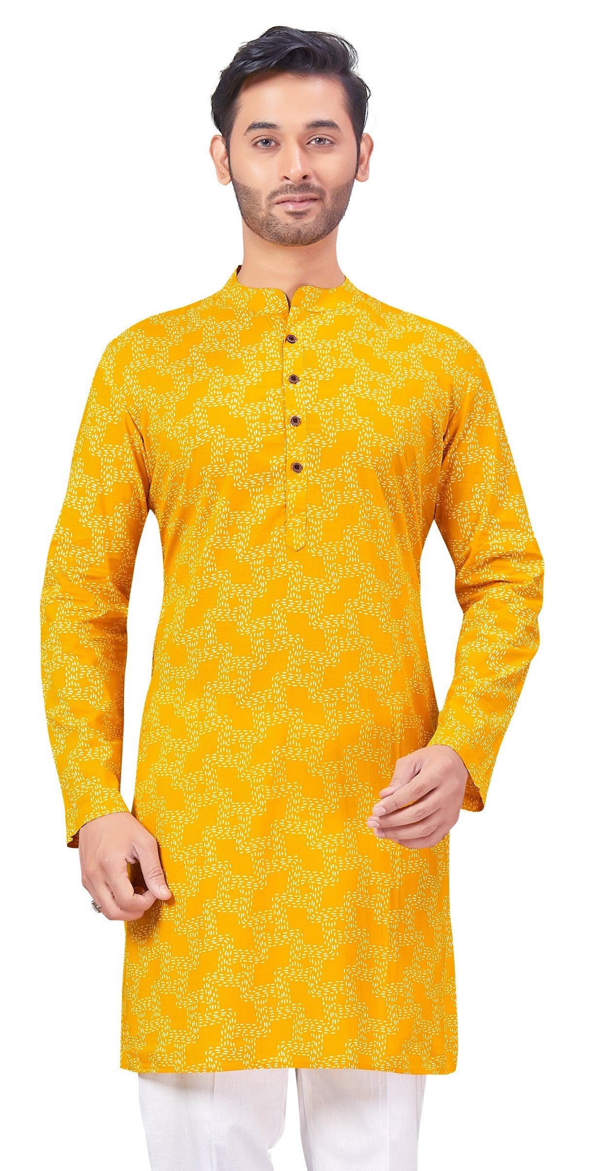 Men's Yellow Printed Cotton Kurta (Design 178)