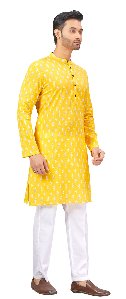 Men's Yellow Printer Cotton Kurta (Design 180)