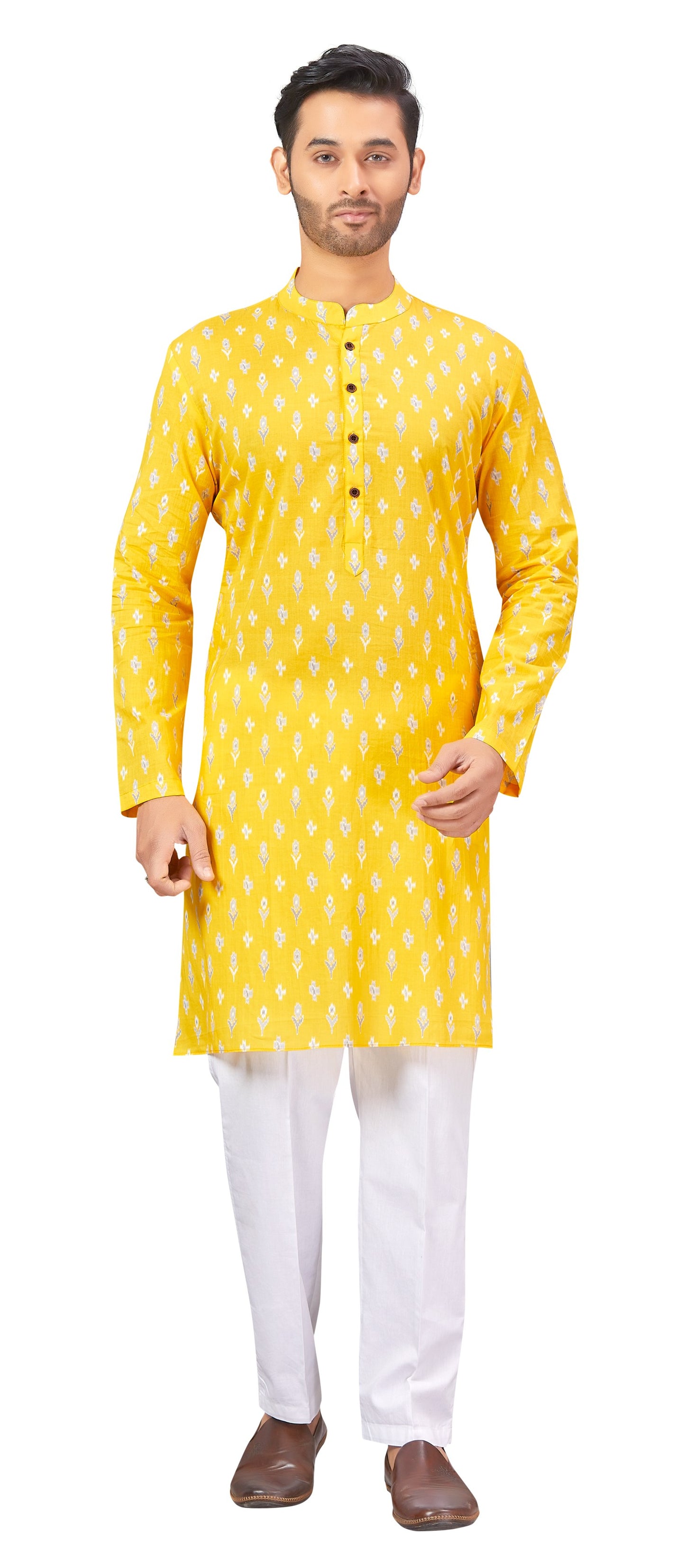 Men's Yellow Printer Cotton Kurta (Design 180)