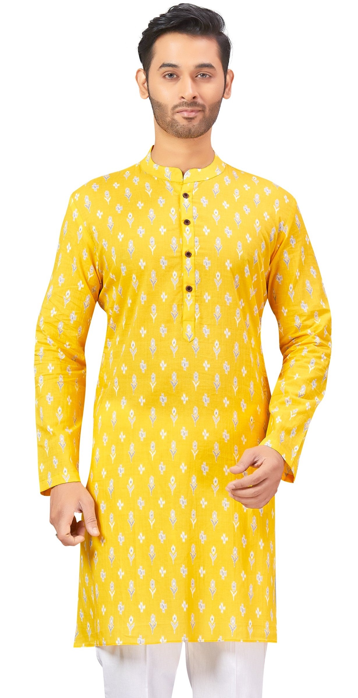 Men's Yellow Printer Cotton Kurta (Design 180)