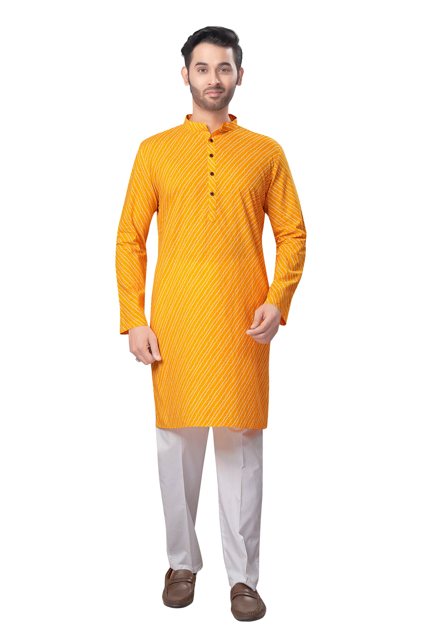 Men's Yellow Printed Cotton Kurta (Design 183)