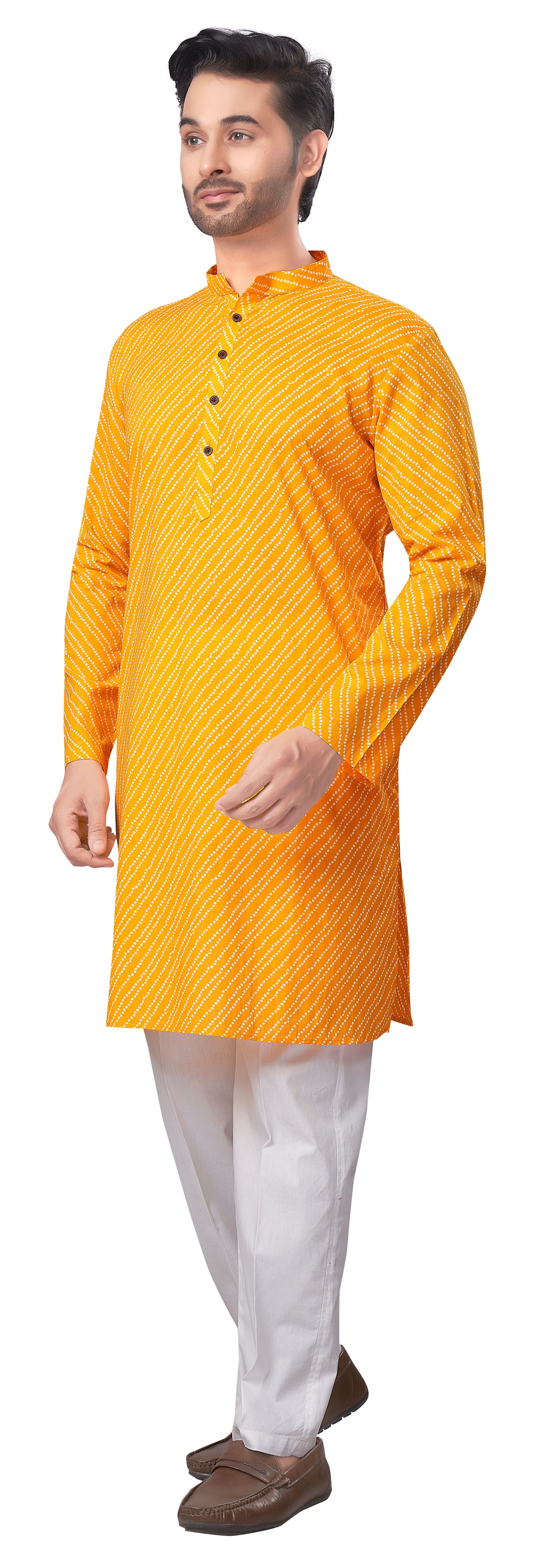 Men's Yellow Printed Cotton Kurta (Design 183)