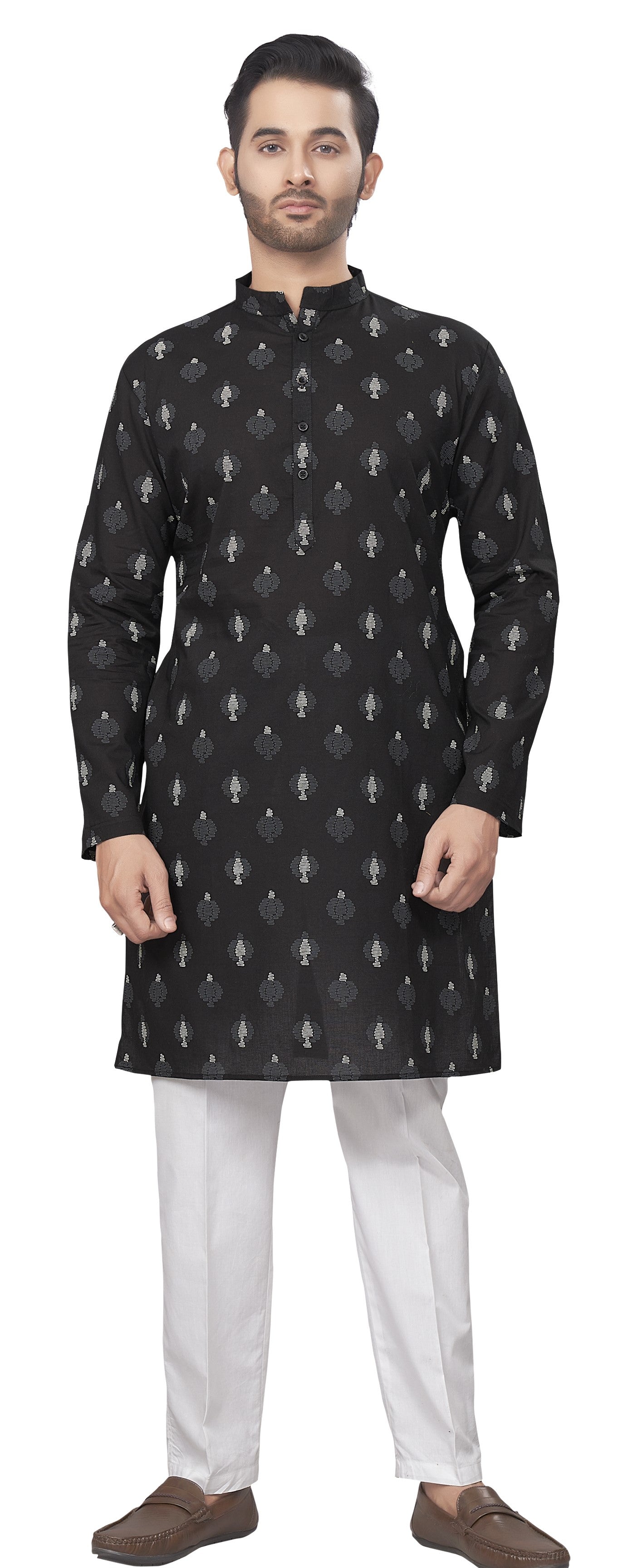 Men's Black Printed Cotton Kurta (Design 184)