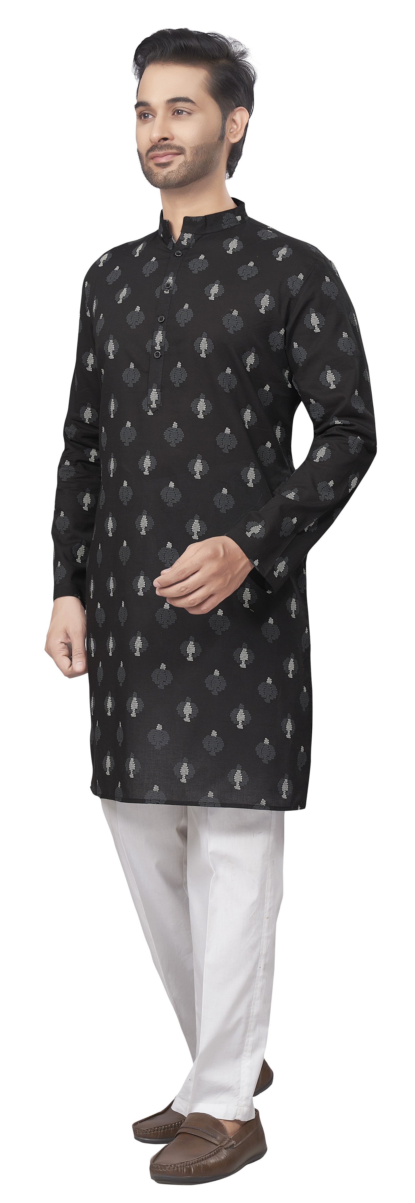 Men's Black Printed Cotton Kurta (Design 184)