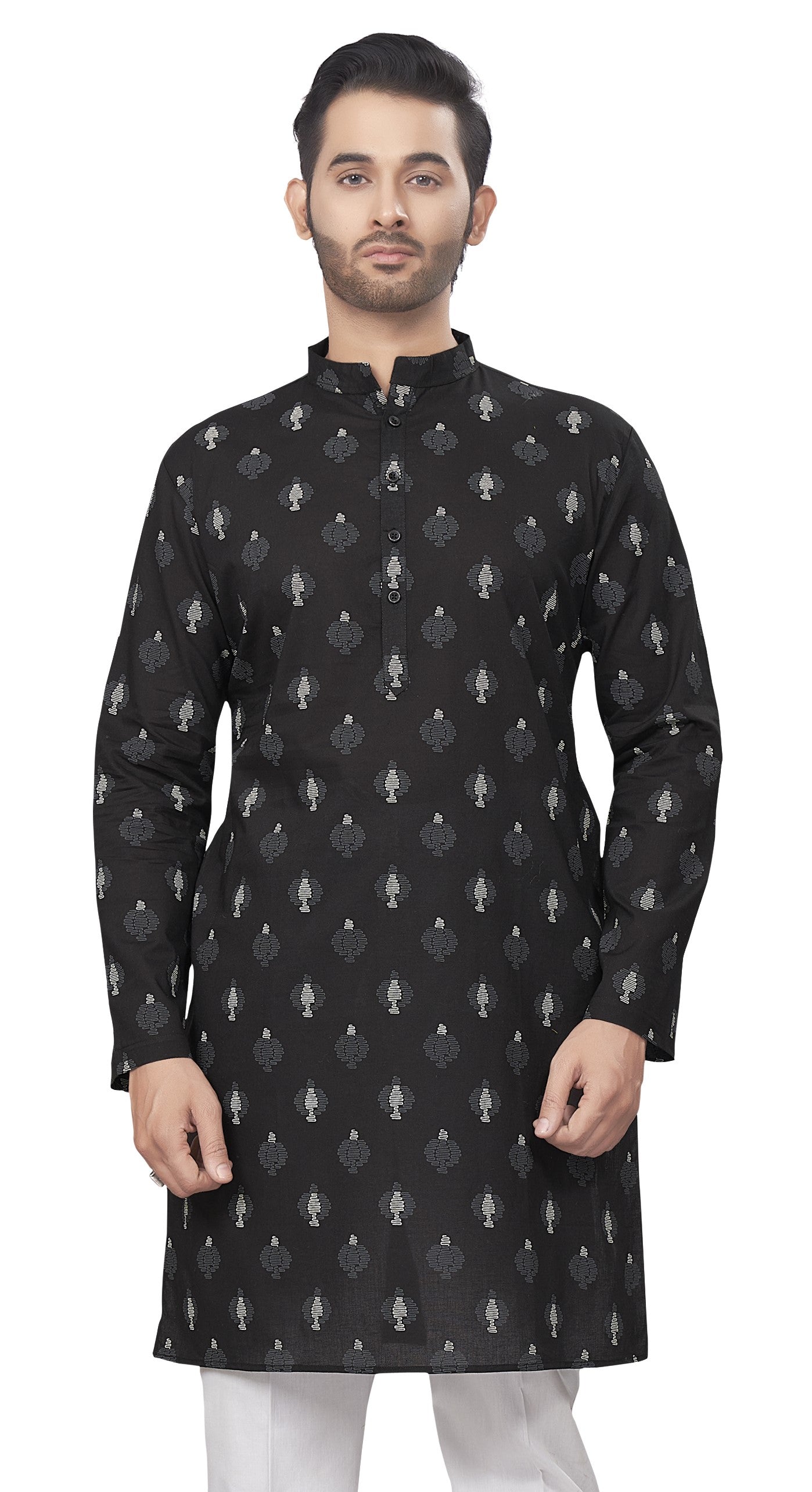 Men's Black Printed Cotton Kurta (Design 184)