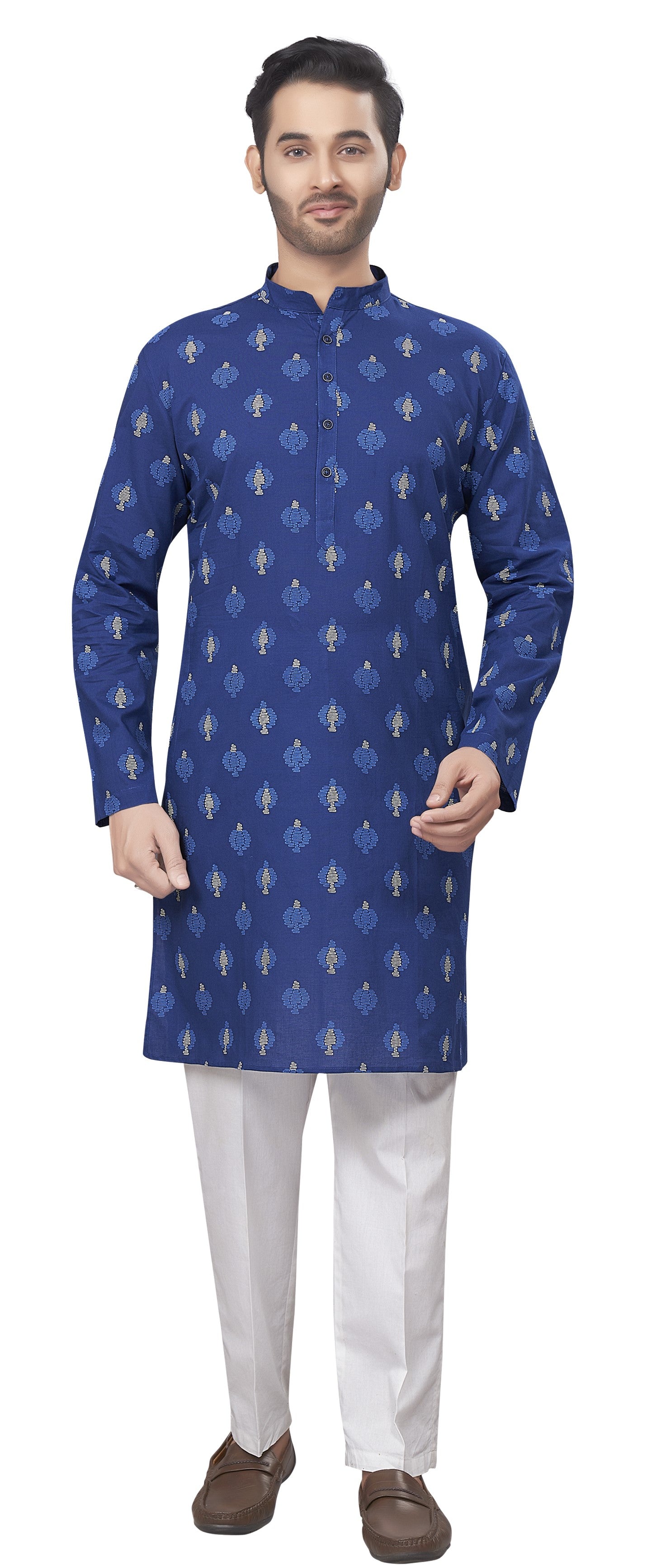 Men's Navy Blue Printed Cotton Kurta (Design 184)