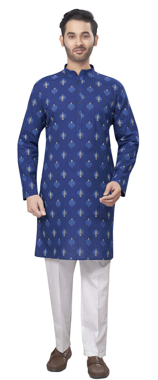 Men's Navy Blue Printed Cotton Kurta (Design 184)