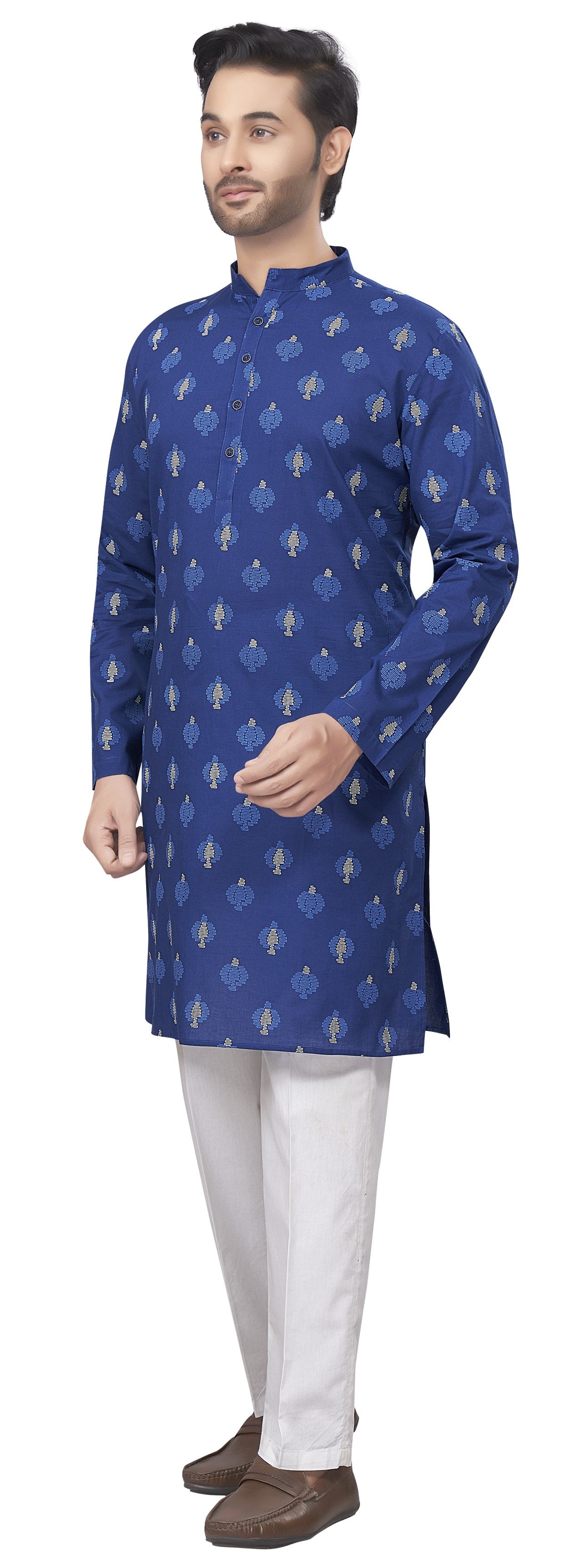 Men's Navy Blue Printed Cotton Kurta (Design 184)