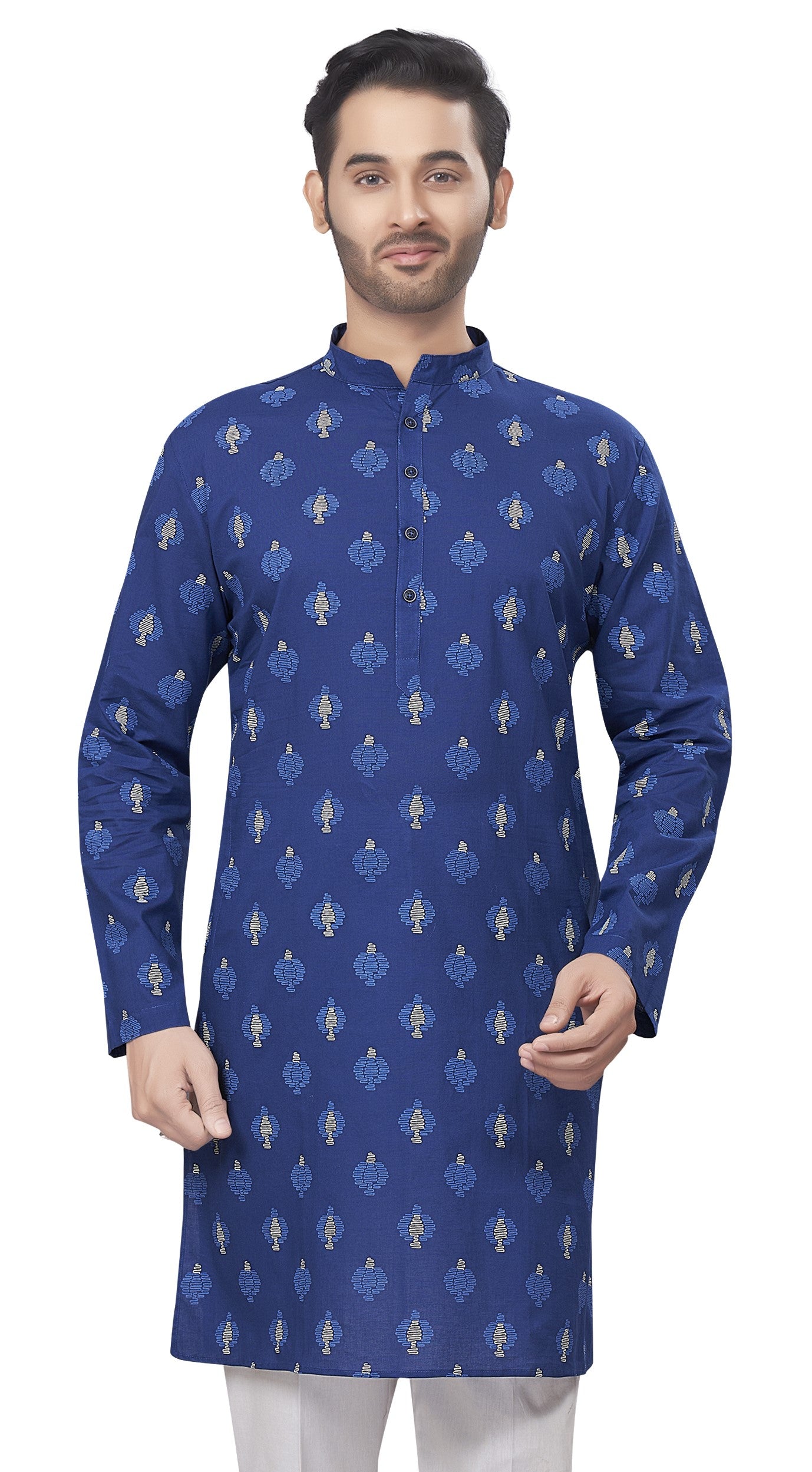 Men's Navy Blue Printed Cotton Kurta (Design 184)