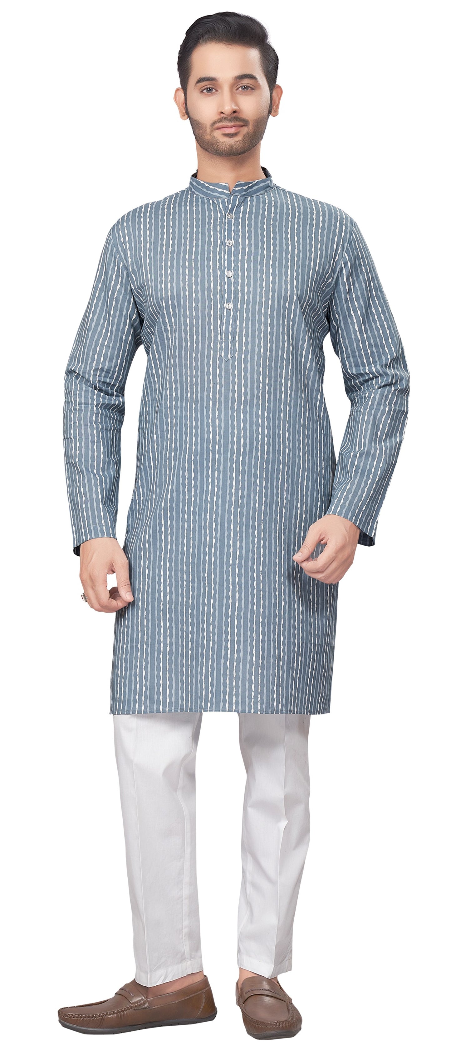 Men's Grey Printed Cotton Kurta (Design 185)