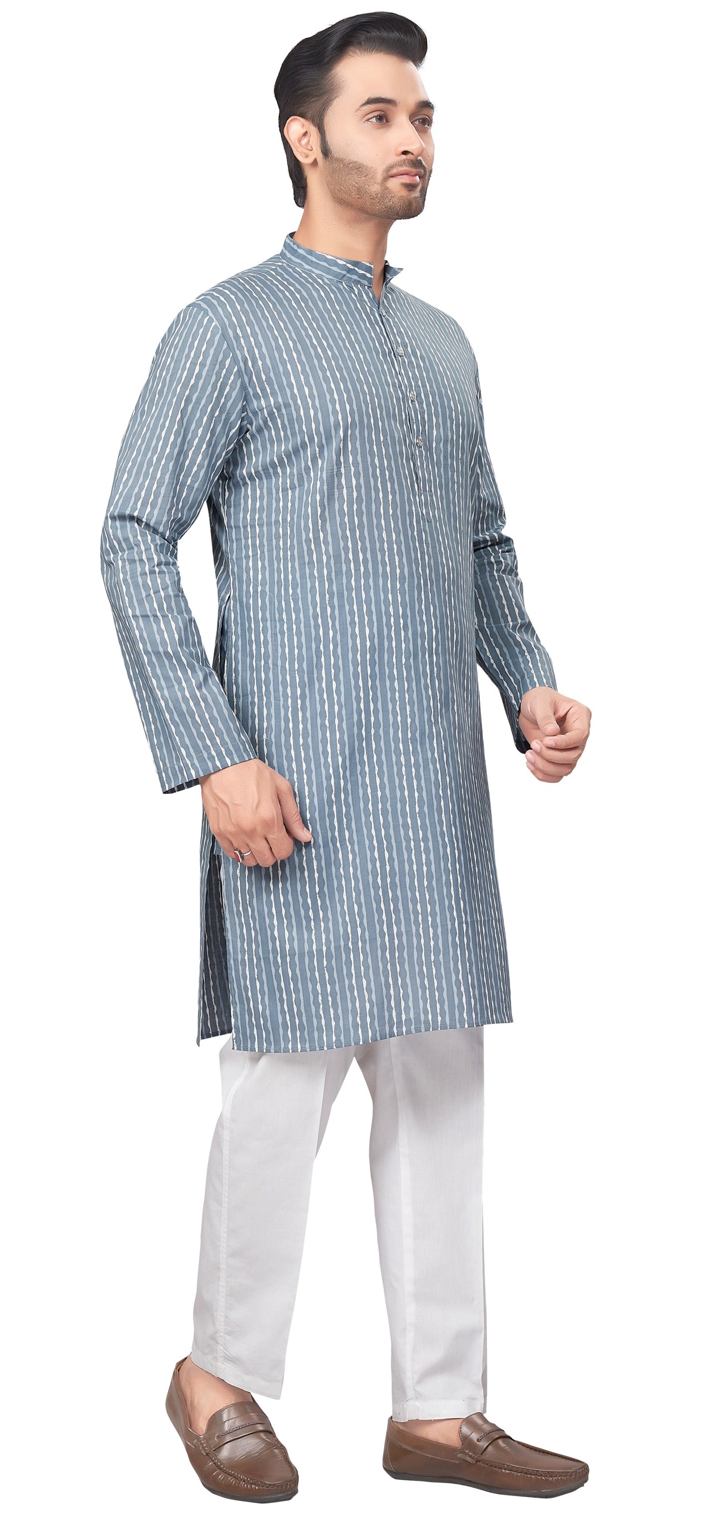 Men's Grey Printed Cotton Kurta (Design 185)