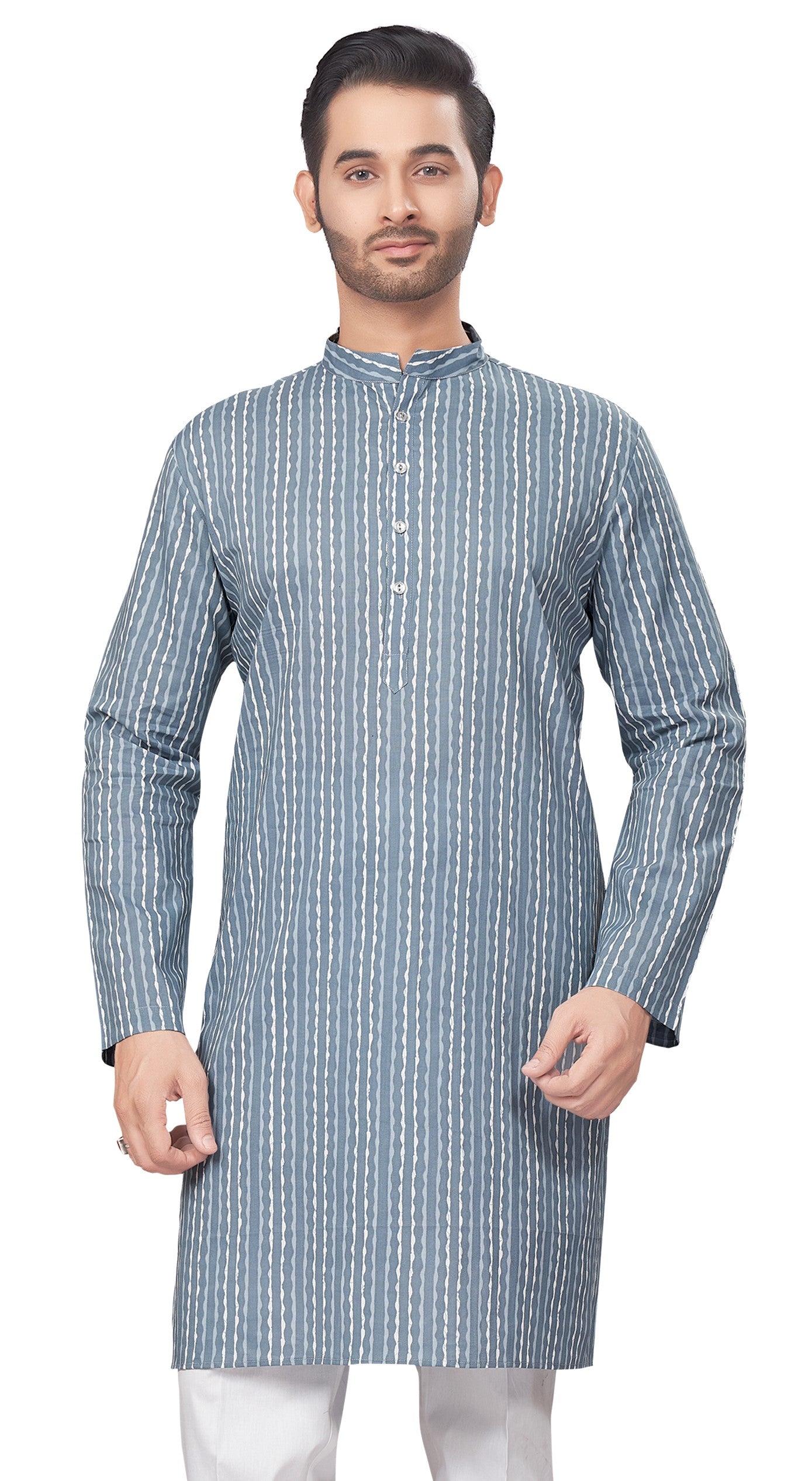 Men's Grey Printed Cotton Kurta (Design 185)