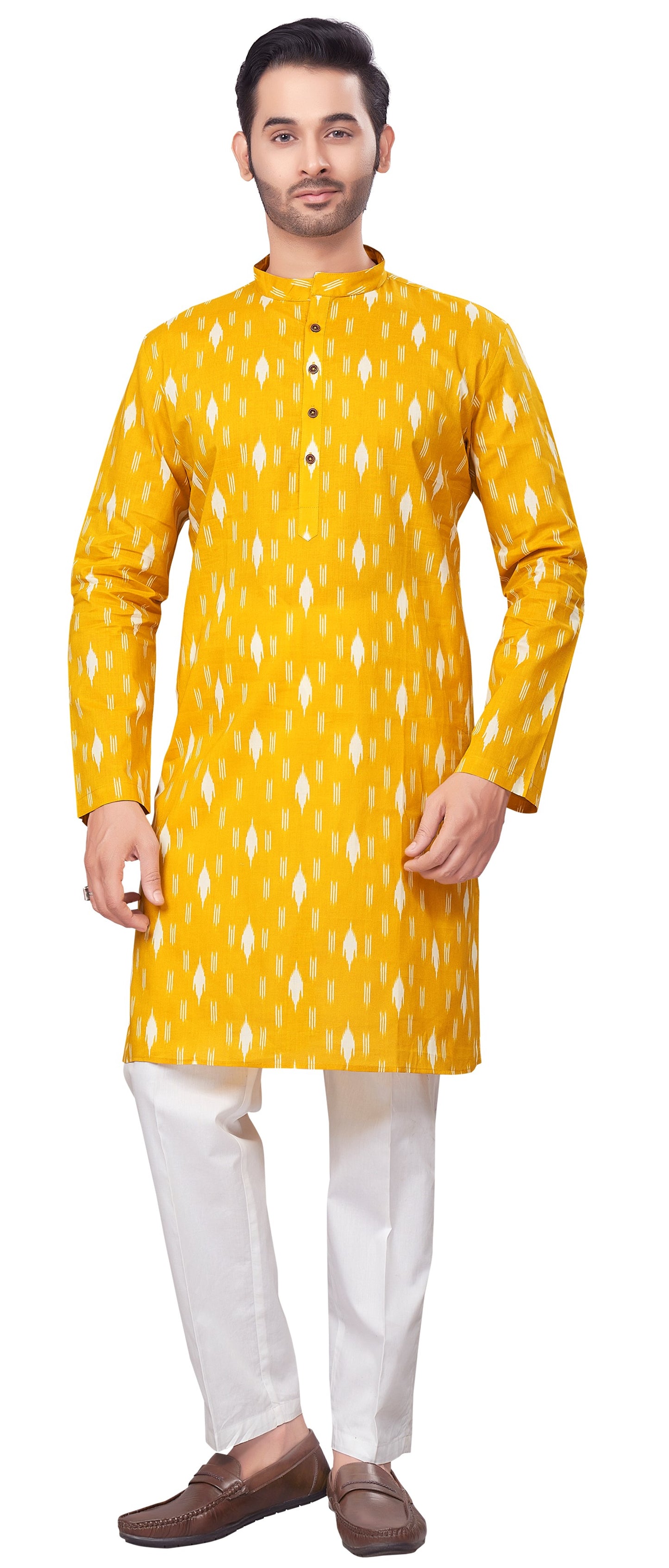 Men's Yellow Printed Cotton Kurta (Design 186)