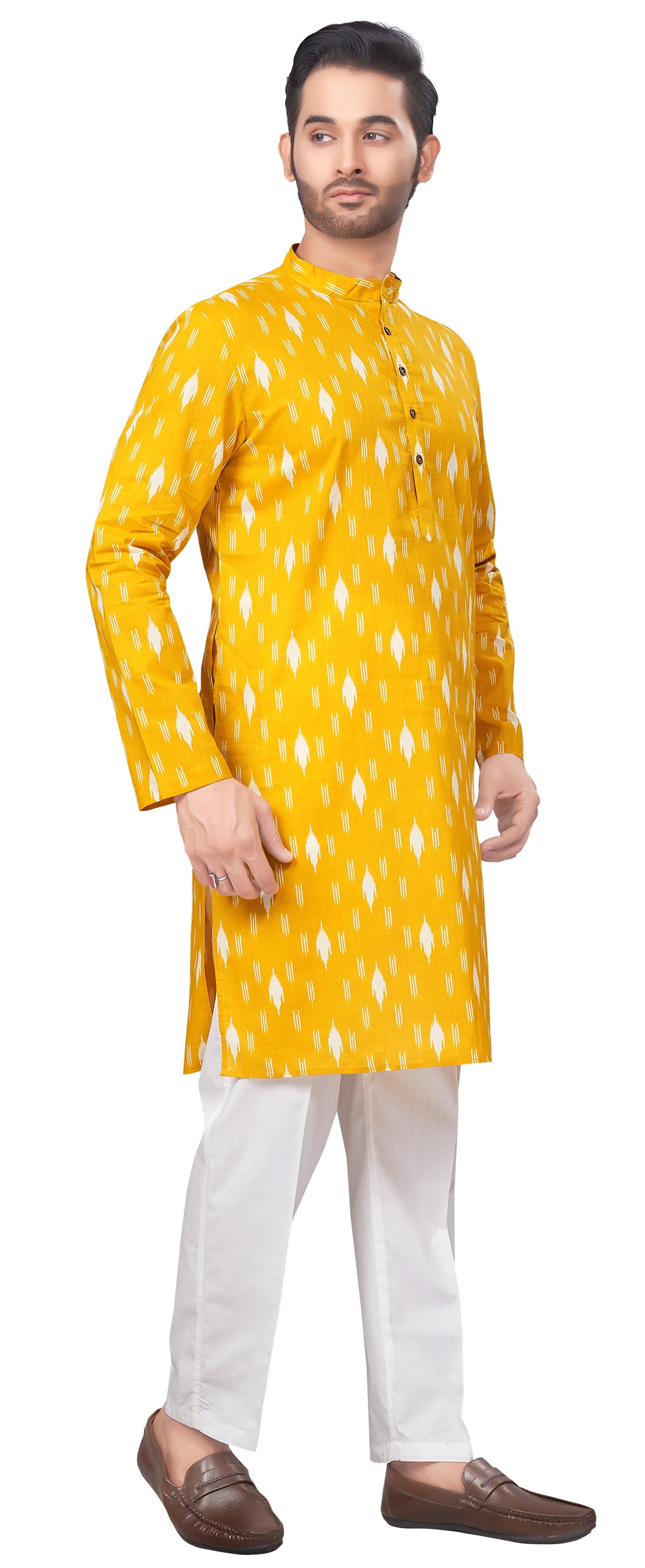 Men's Yellow Printed Cotton Kurta (Design 186)