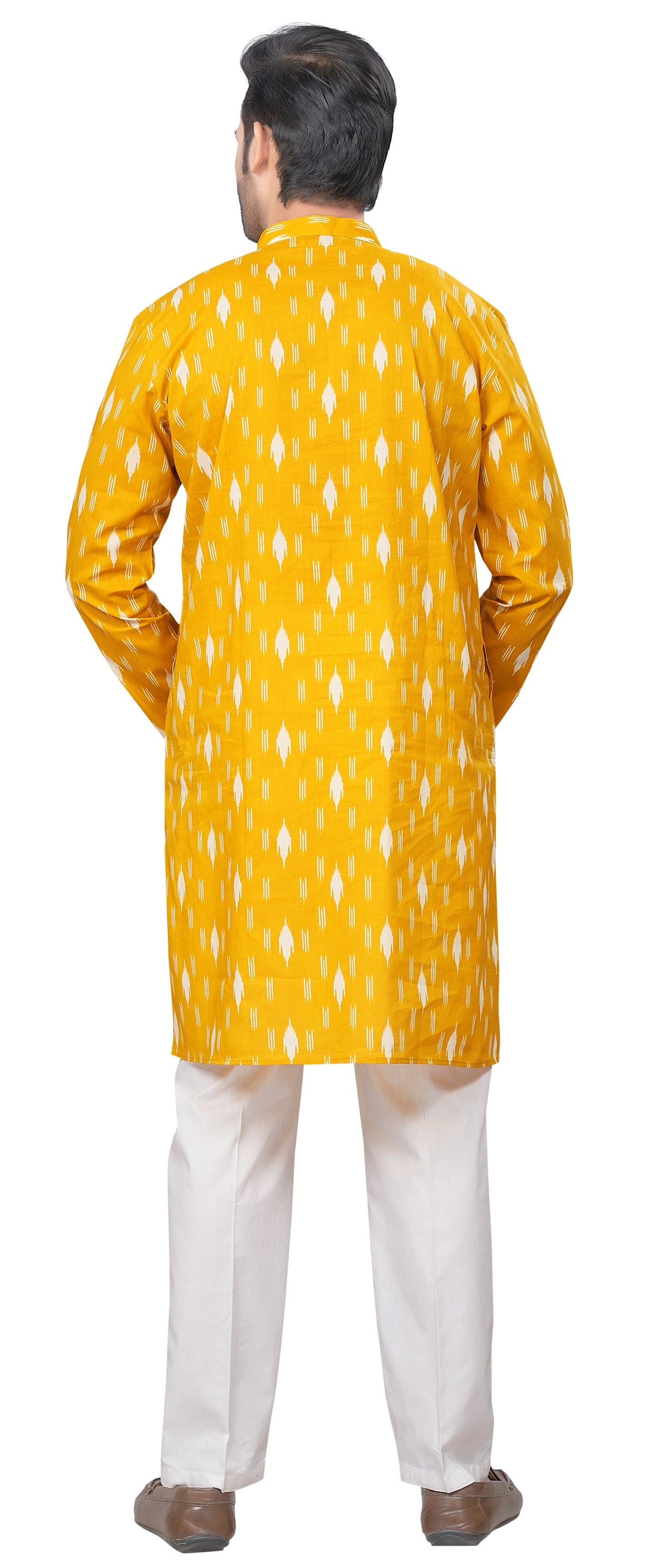 Men's Yellow Printed Cotton Kurta (Design 186)