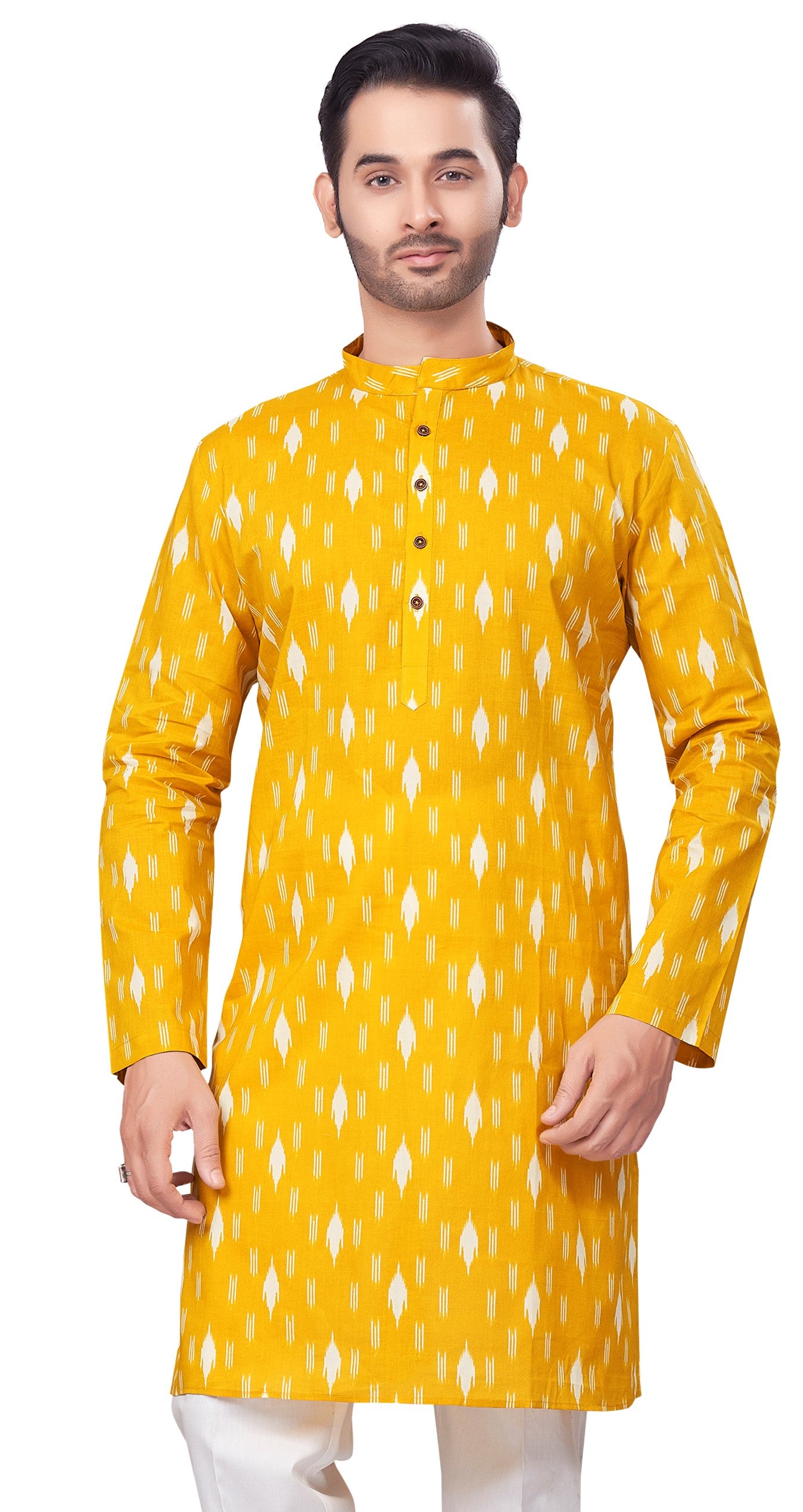 Men's Yellow Printed Cotton Kurta (Design 186)