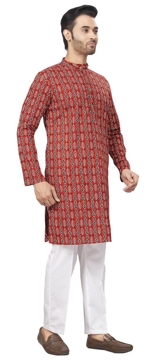 Men's Maroon Printed Cotton Kurta (Design 187)