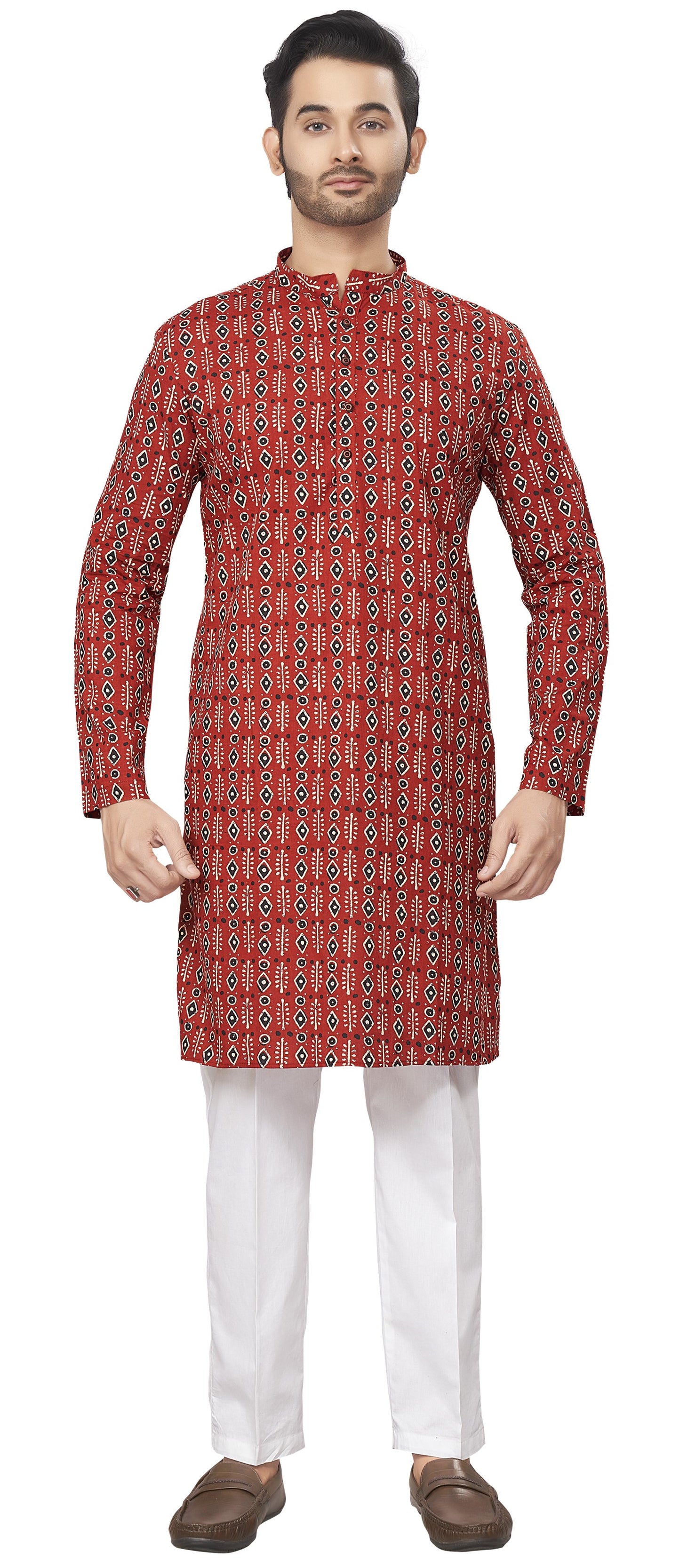 Men's Maroon Printed Cotton Kurta (Design 187)