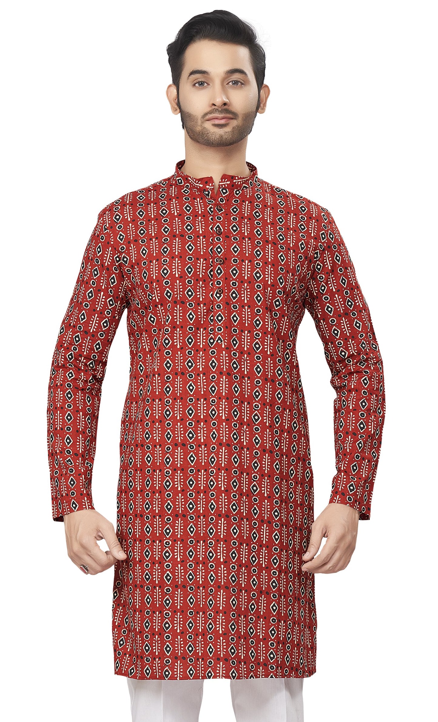 Men's Maroon Printed Cotton Kurta (Design 187)