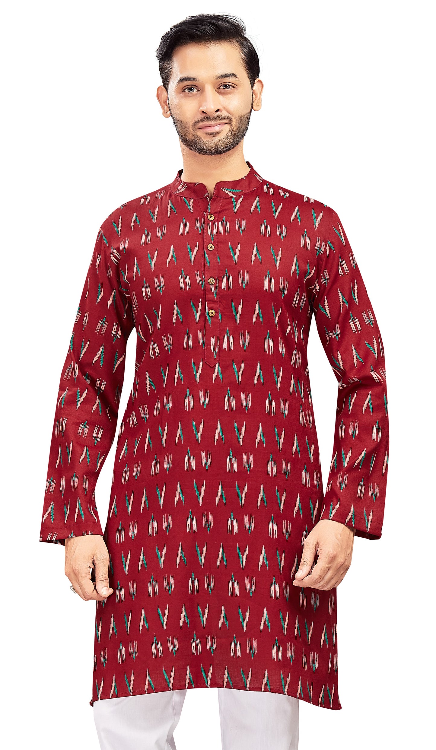 Men's Maroon Cotton Ikat Printed Knee Length Relax Fit Kurta (Design 188)