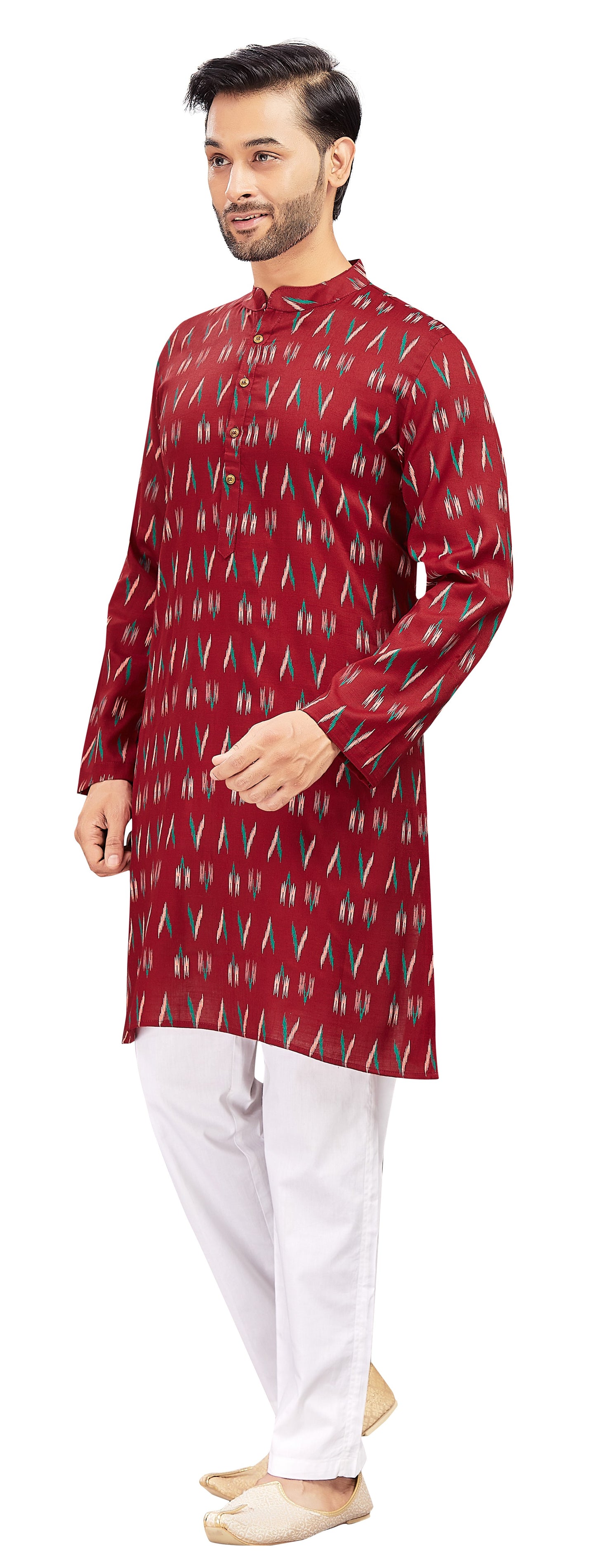 Men's Maroon Cotton Ikat Printed Knee Length Relax Fit Kurta (Design 188)