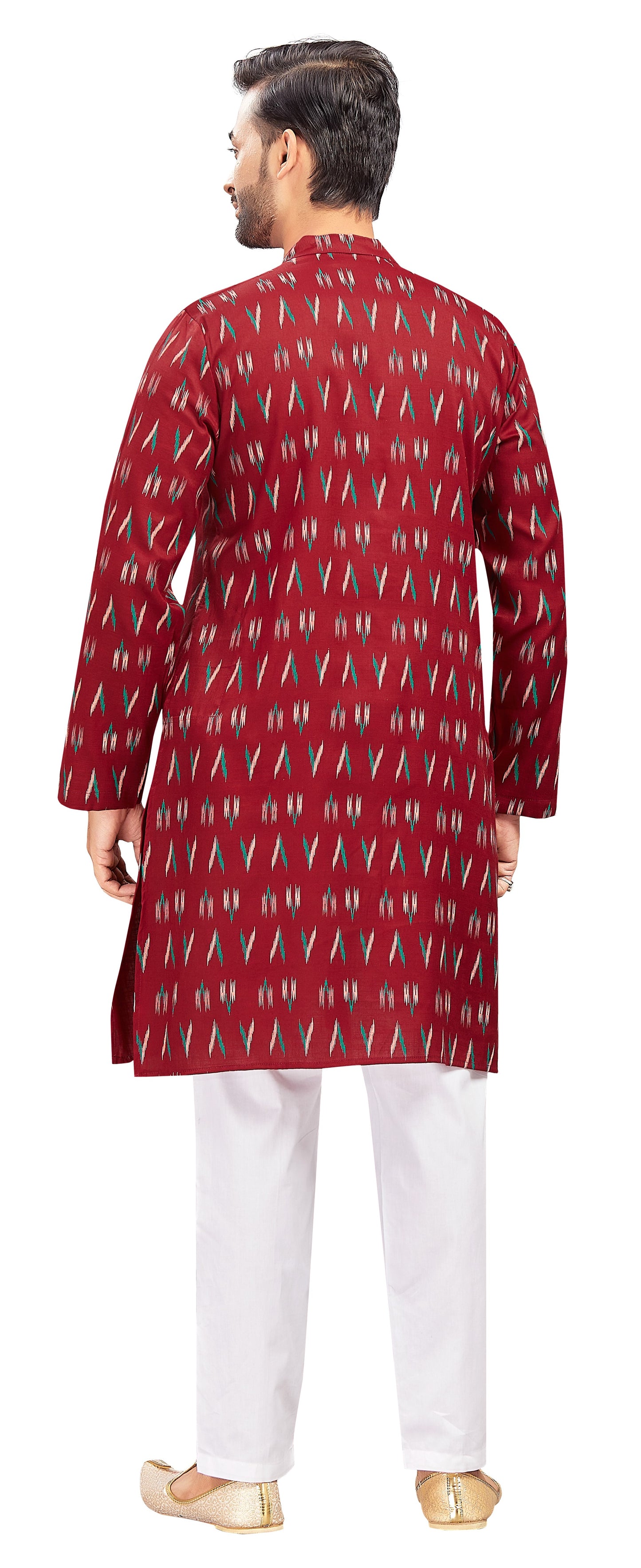 Men's Maroon Cotton Ikat Printed Knee Length Relax Fit Kurta (Design 188)