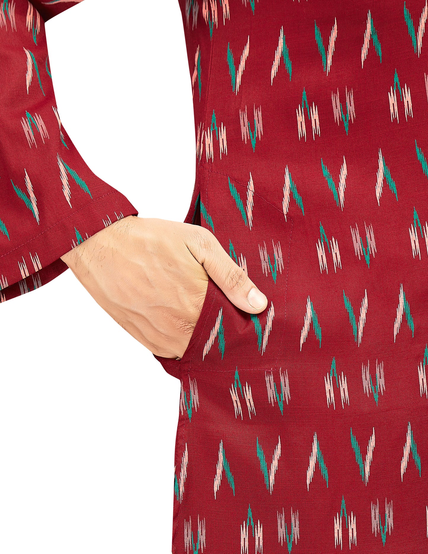 Men's Maroon Cotton Ikat Printed Knee Length Relax Fit Kurta (Design 188)