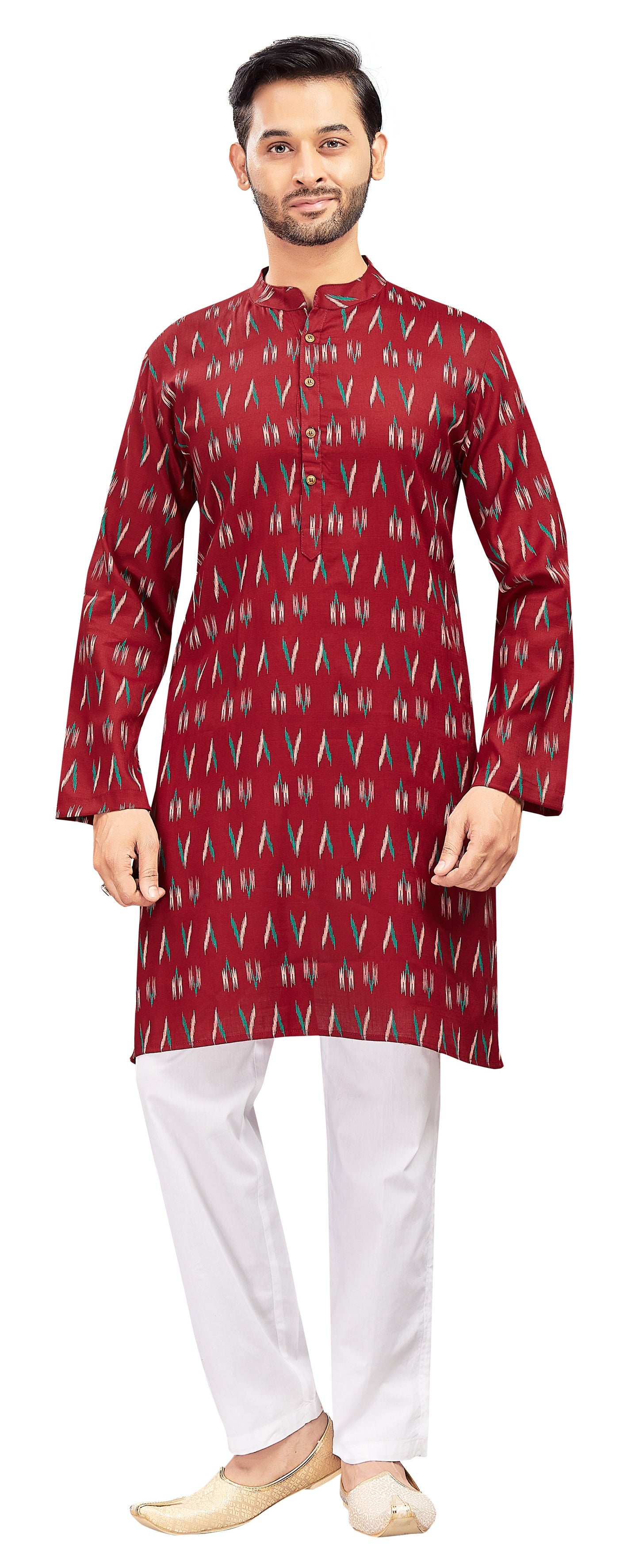 Men's Maroon Cotton Ikat Printed Knee Length Relax Fit Kurta (Design 188)