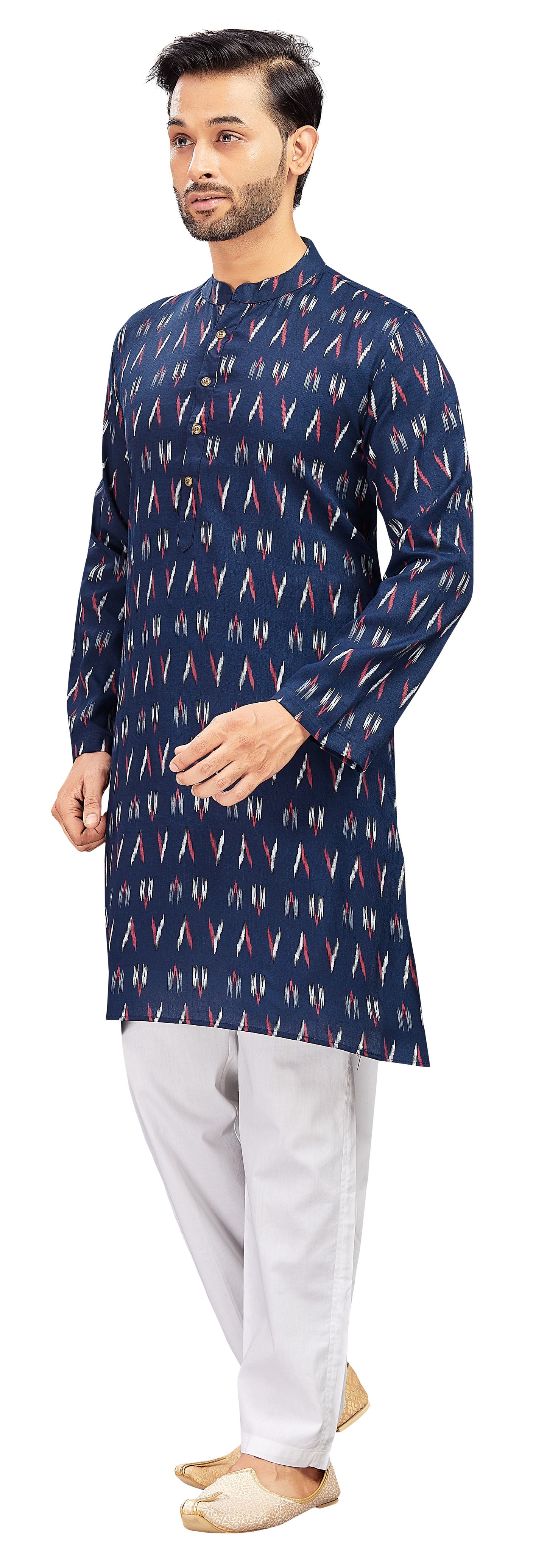 Men's Navy Blue Cotton Ikat Printed Knee Length Relax Fit Kurta (Design 188)