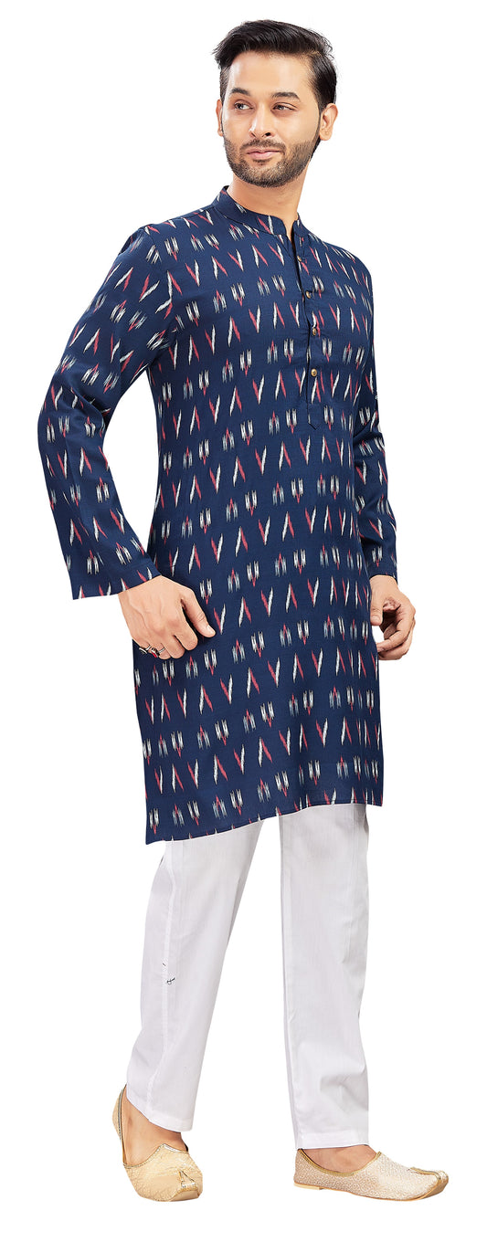 Men's Navy Blue Cotton Ikat Printed Knee Length Relax Fit Kurta (Design 188)