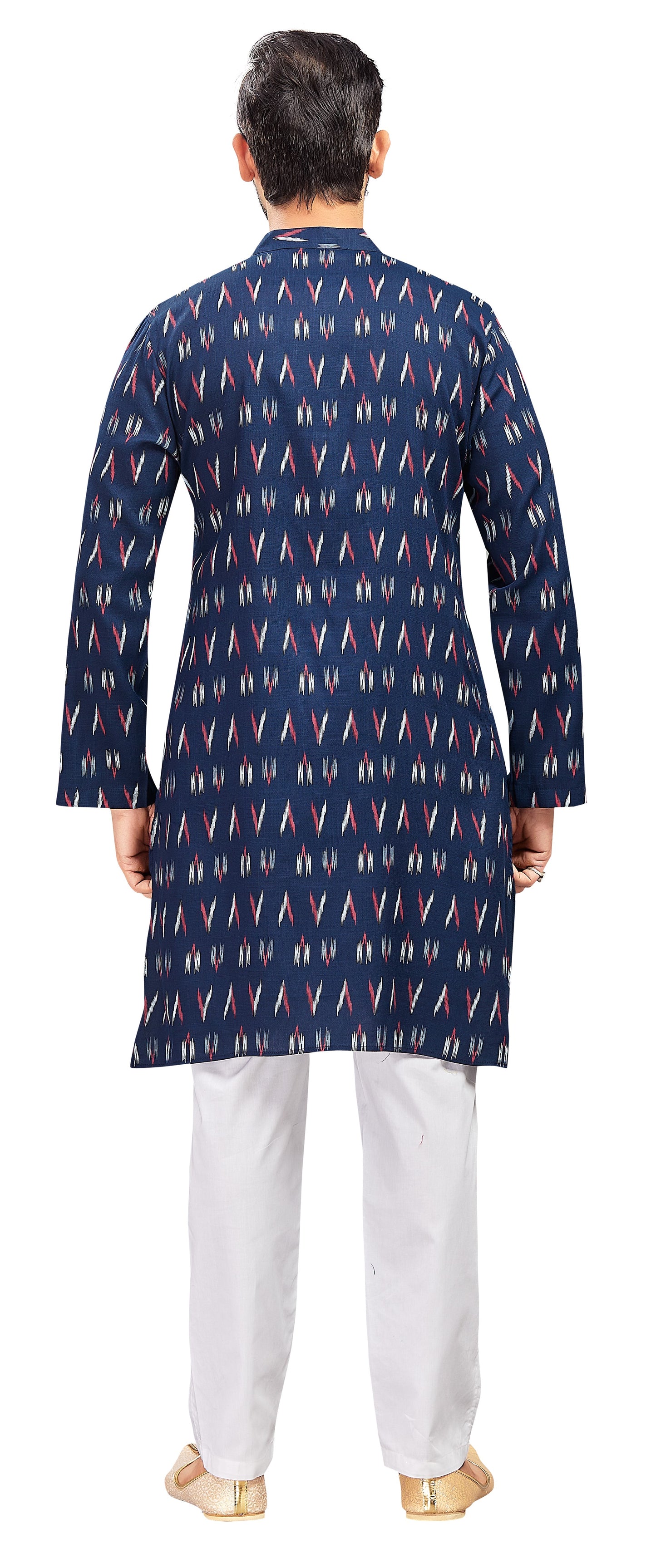 Men's Navy Blue Cotton Ikat Printed Knee Length Relax Fit Kurta (Design 188)