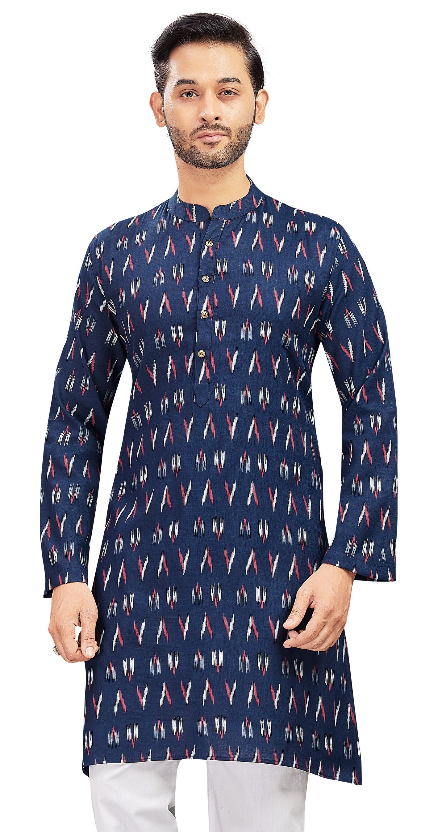 Men's Navy Blue Cotton Ikat Printed Knee Length Relax Fit Kurta (Design 188)