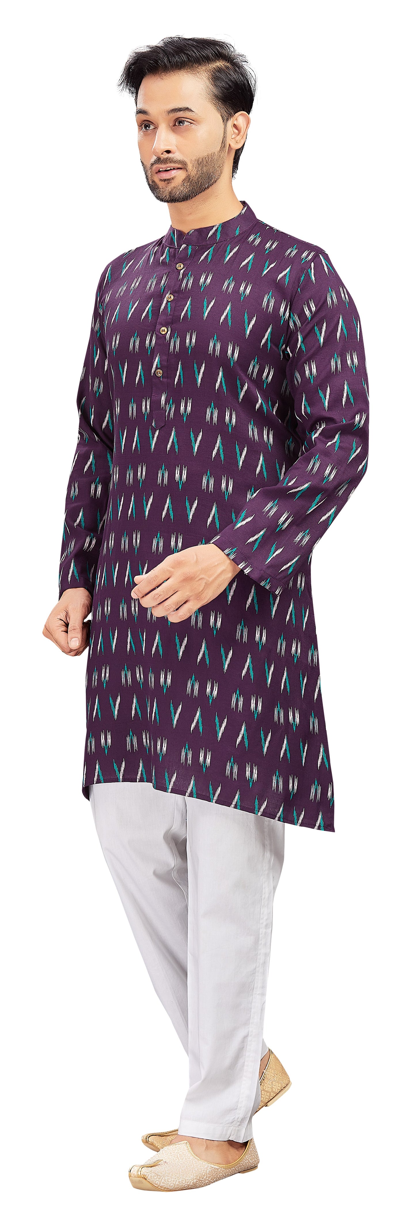 Men's Wine Cotton Ikat Printed Knee Length Relax Fit Kurta (Design 188)