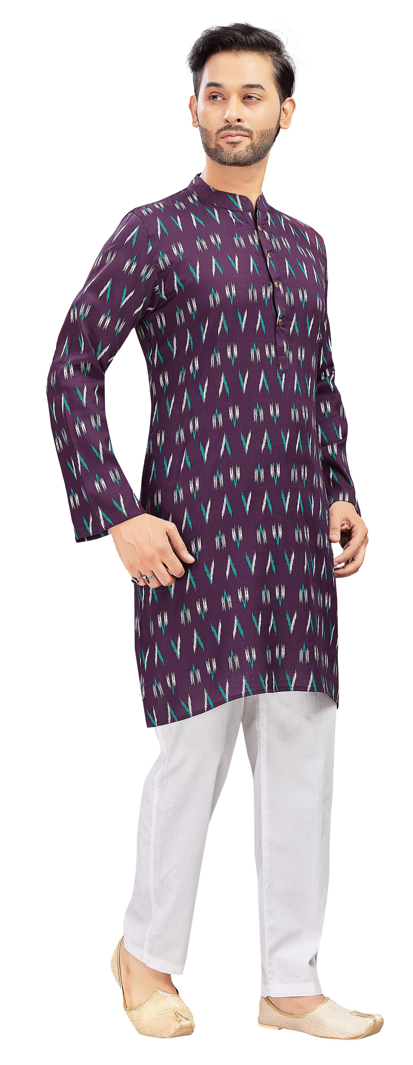 Men's Wine Cotton Ikat Printed Knee Length Relax Fit Kurta (Design 188)