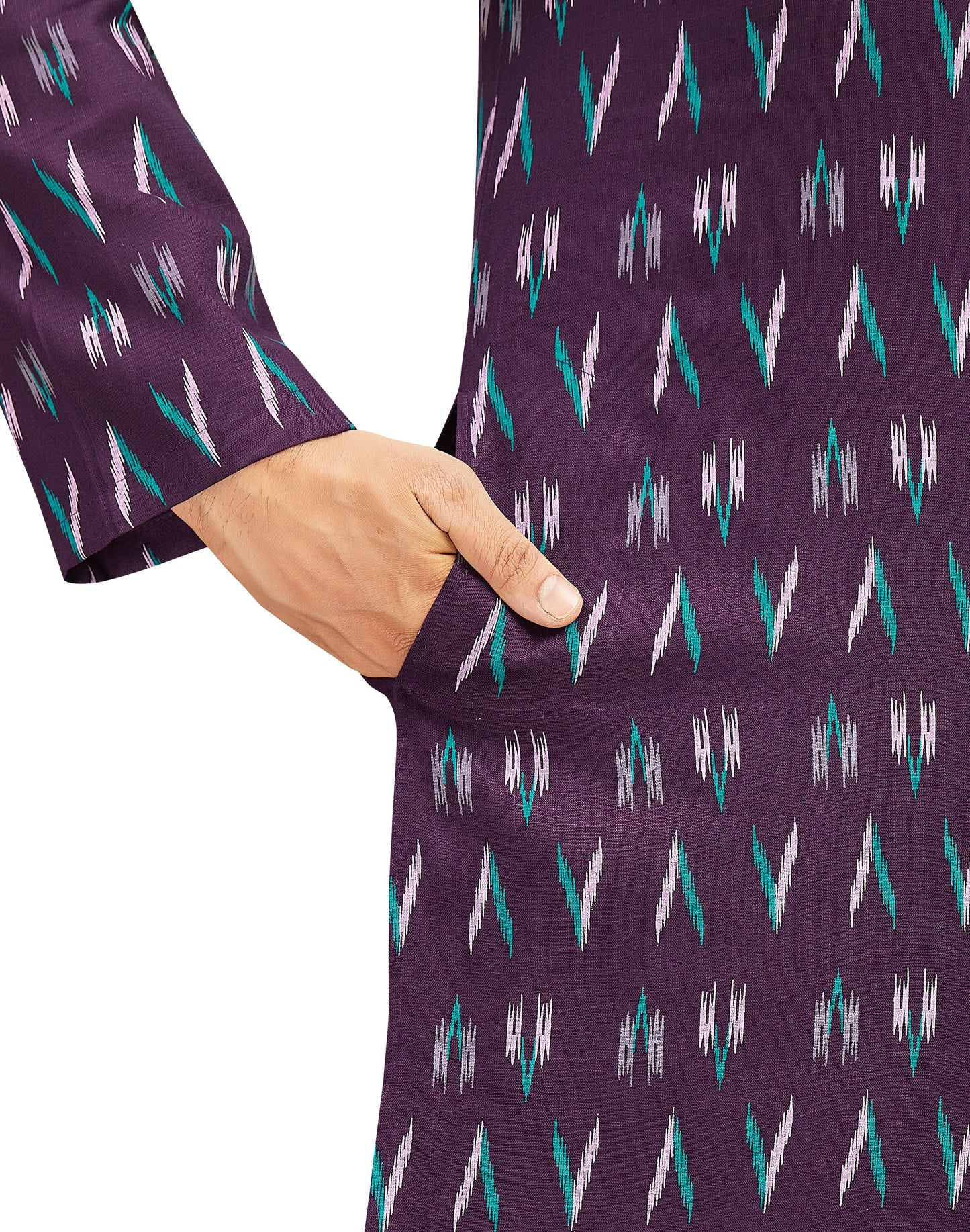Men's Wine Cotton Ikat Printed Knee Length Relax Fit Kurta (Design 188)