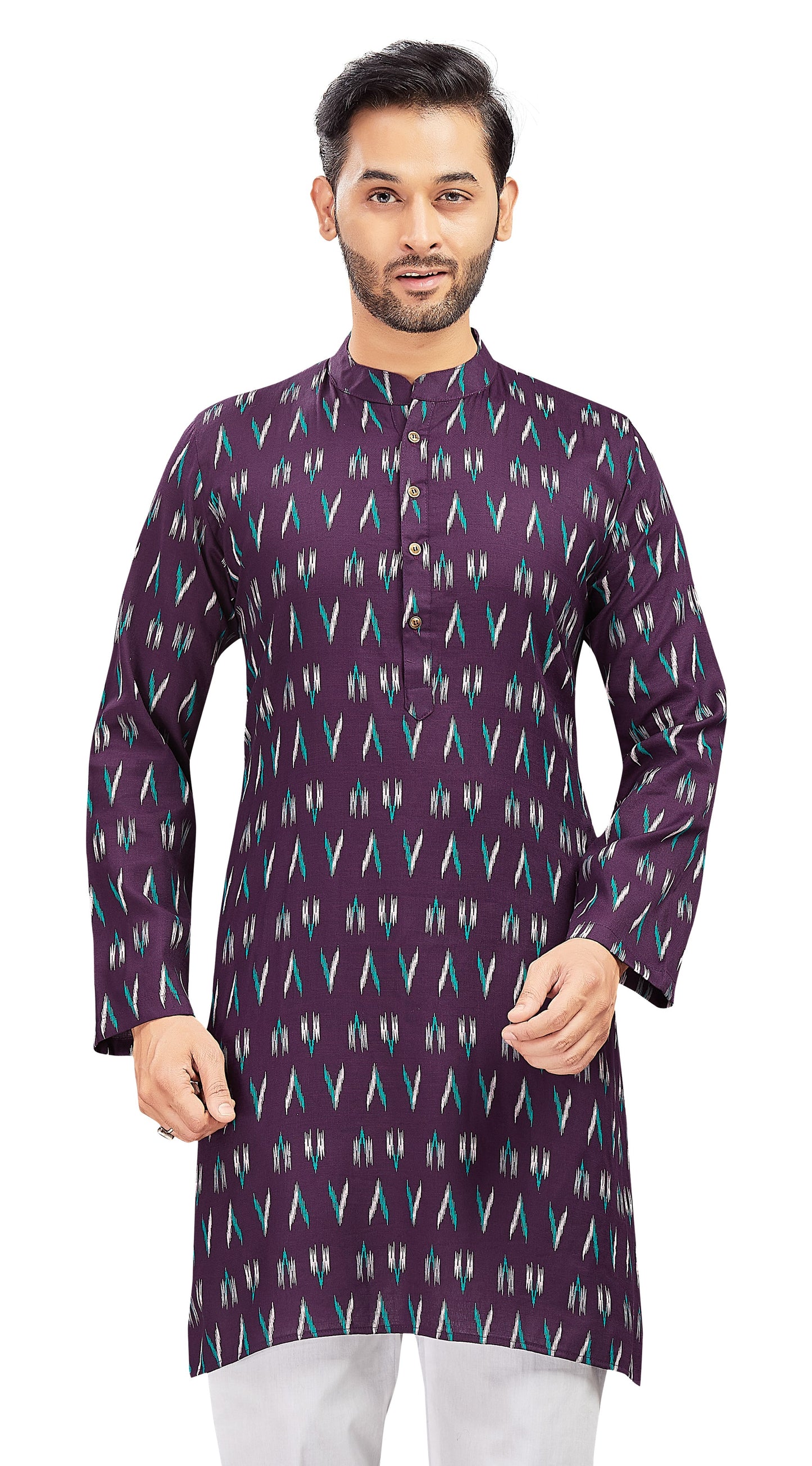 Men's Wine Cotton Ikat Printed Knee Length Relax Fit Kurta (Design 188)