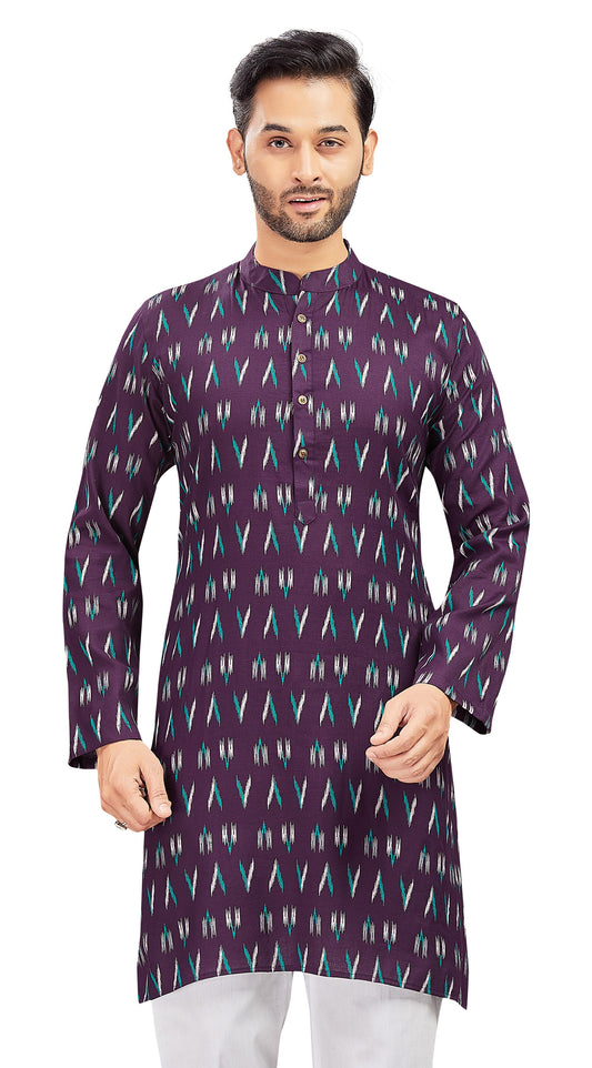 Men's Wine Cotton Ikat Printed Knee Length Relax Fit Kurta (Design 188)