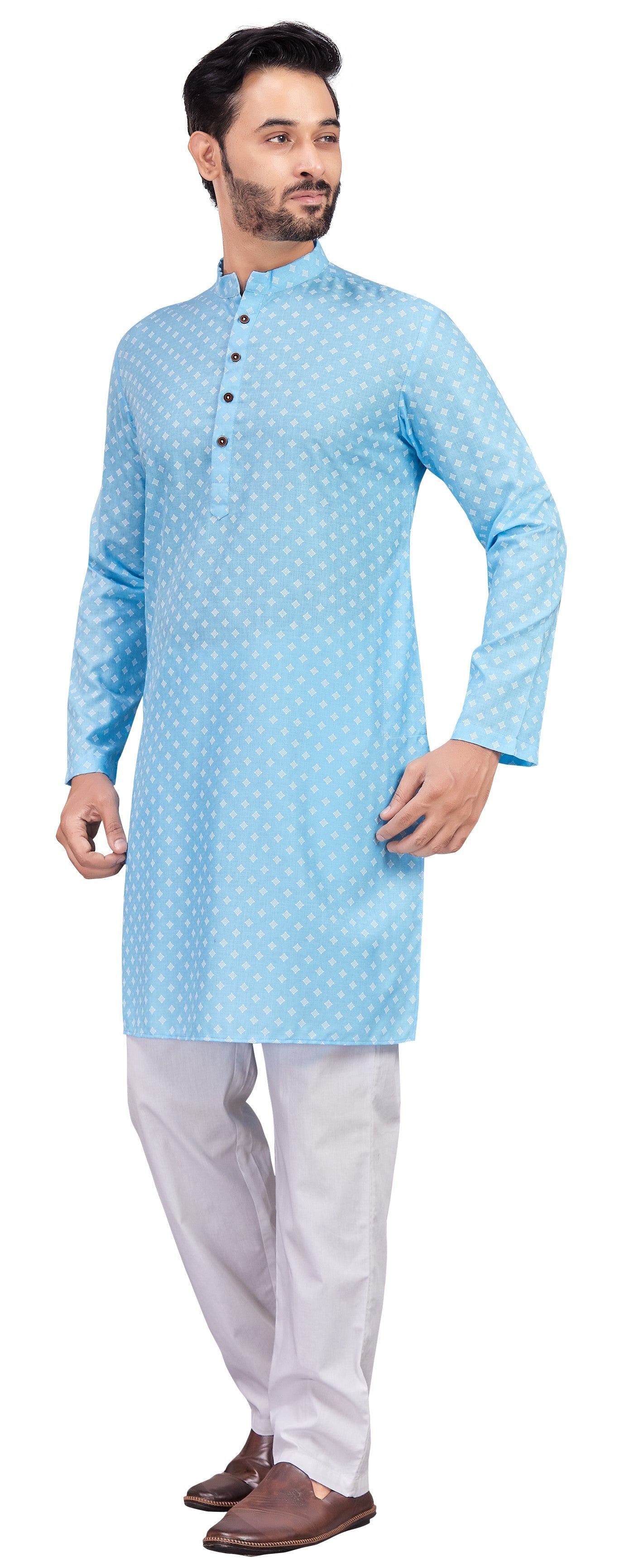 Men's Sky Blue Cotton Blend Printed Knee Length Kurta (Design 190)
